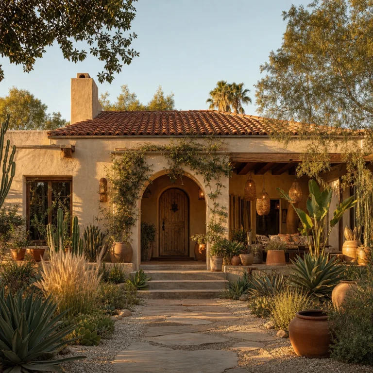 Boho bungalow exterior with terracotta lime render, a Moroccan arched doorway, clay tile roof, rattan lanterns and lush layered planters in warm late afternoon amber light.