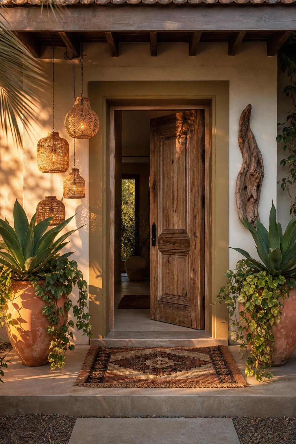 Boho bungalow front entrance styled with layered lighting, lush potted plants, woven textures and Farrow & Ball Savage Ground painted door surround