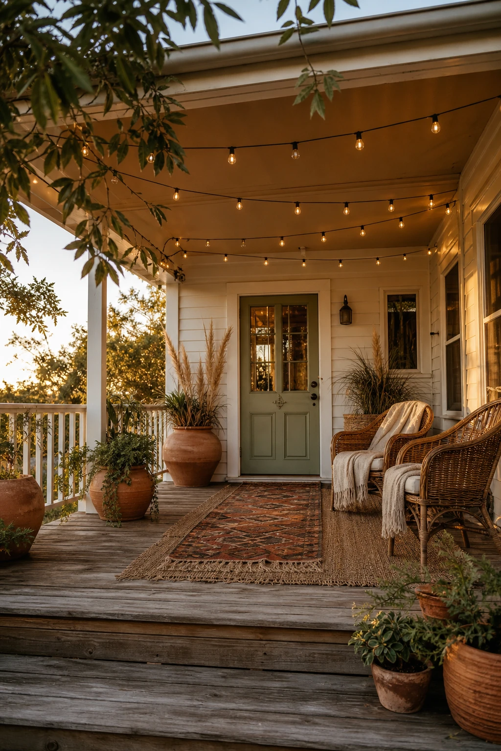 Boho bungalow front porch styled with layered textiles, rattan seating, and warm string lights under a painted timber ceiling at golden hour