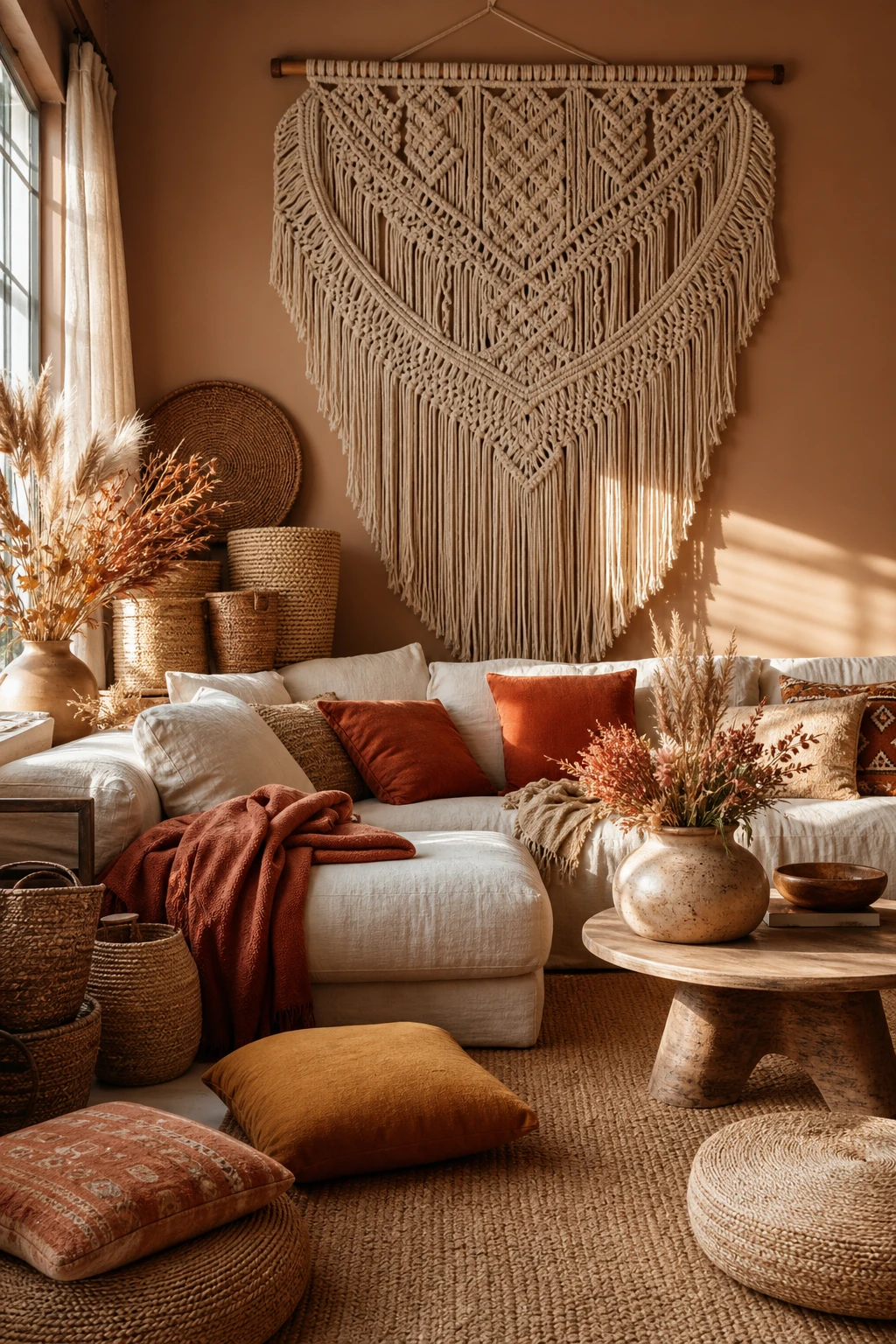Boho fall apartment living room with macrame wall hanging, woven baskets, earthy layered textiles, and Farrow & Ball Ringwold Ground walls in warm autumn light
