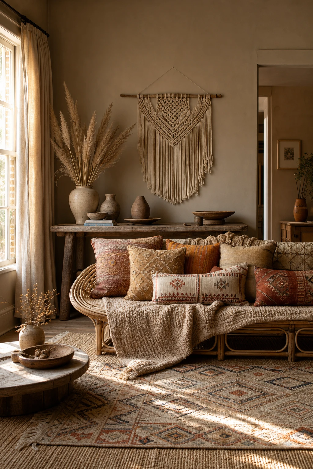 Boho layered living room with woven textiles, rattan furniture, patterned rugs and Farrow and Ball Ringwold Ground walls in warm earthy neutral tones