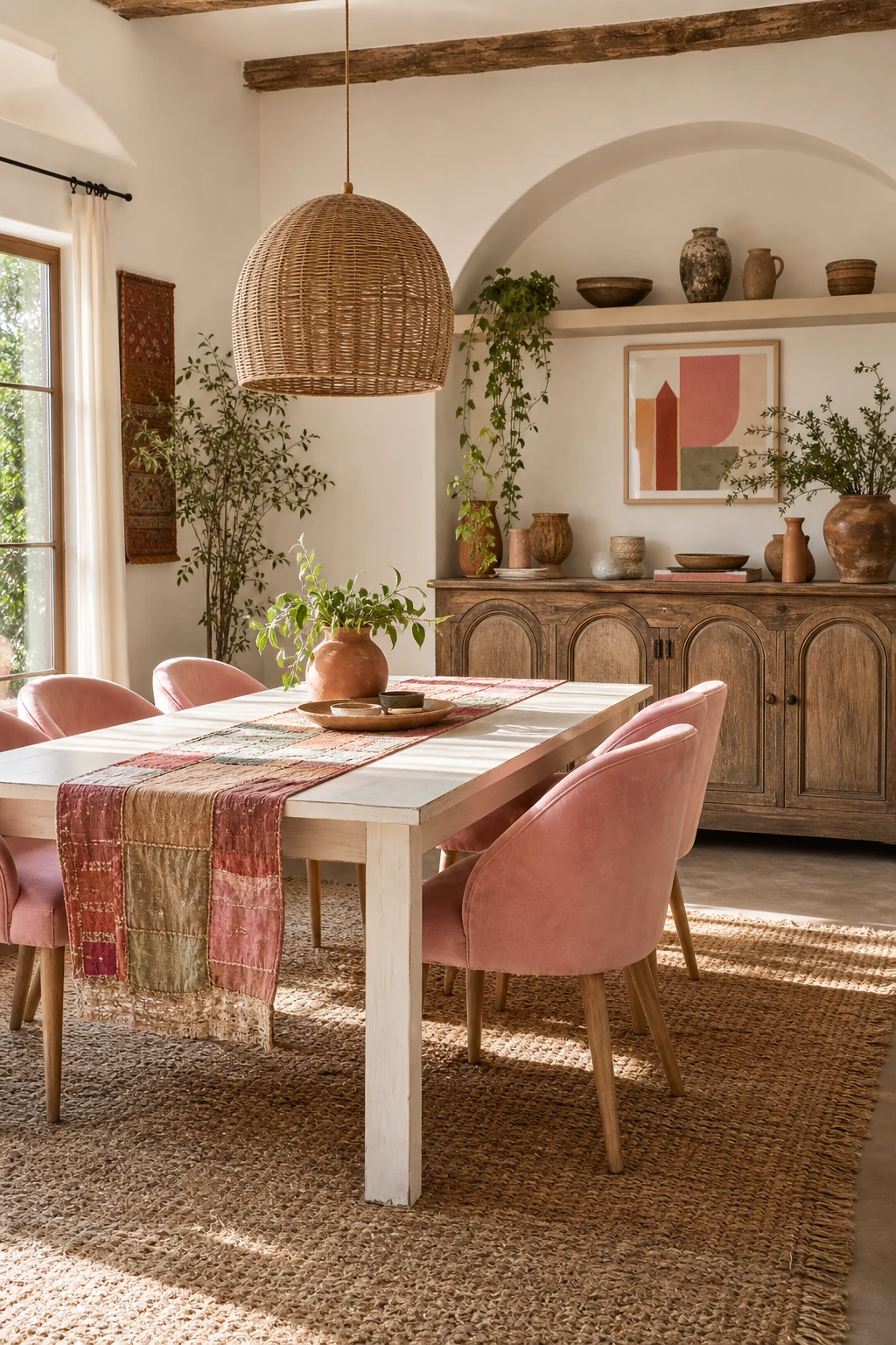 Boho pink and white dining room with eclectic colorful accents, rattan furniture, mixed textiles, and warm natural light on Farrow and Ball Clunch walls