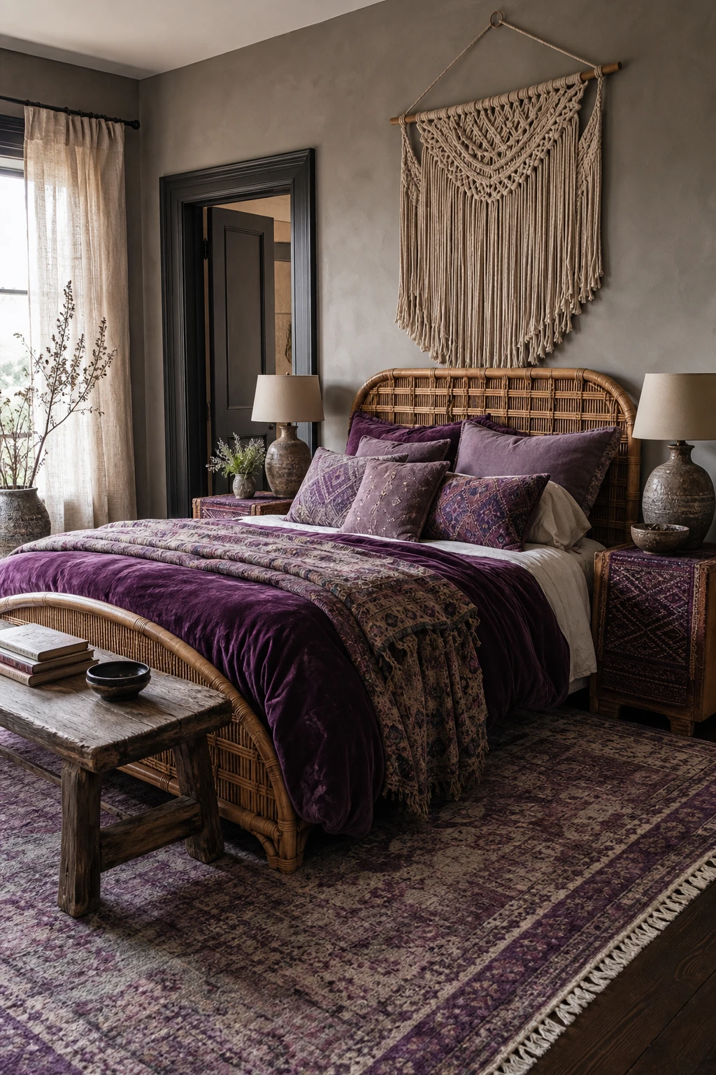 Boho purple and gray bedroom with layered textiles, macrame wall art, rattan furniture, and Farrow and Ball Railings painted trim framing an eclectic collected space