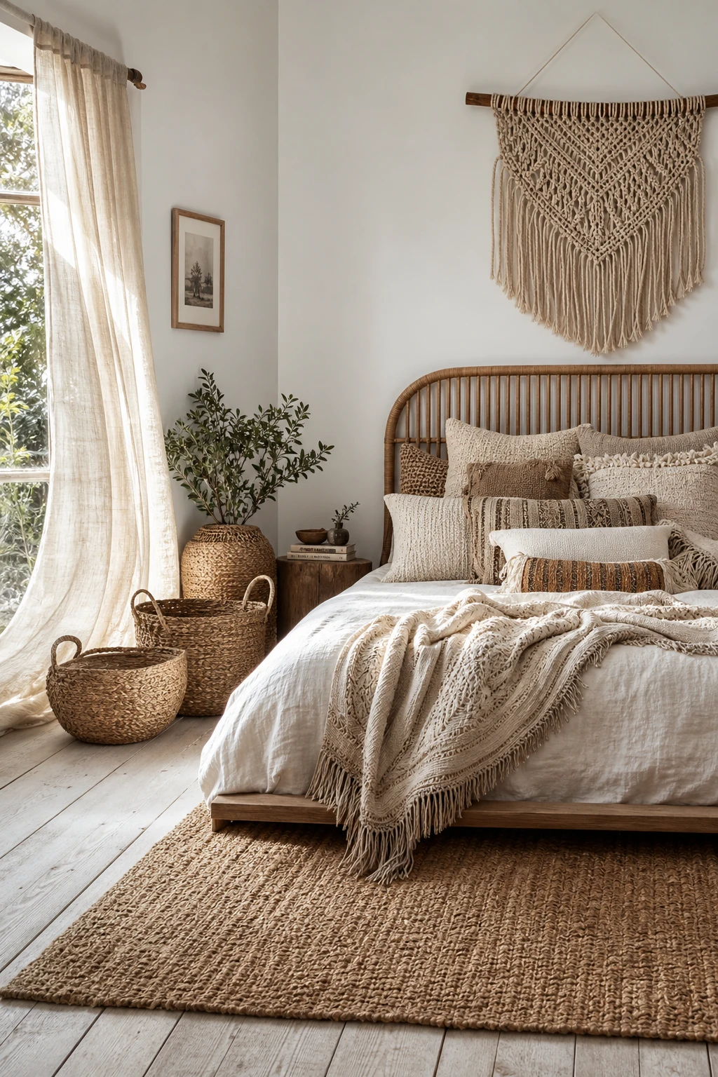 Boho white and brown bedroom with layered mixed textiles, macrame wall hanging, rattan headboard, woven baskets, and Farrow and Ball Cabbage White walls