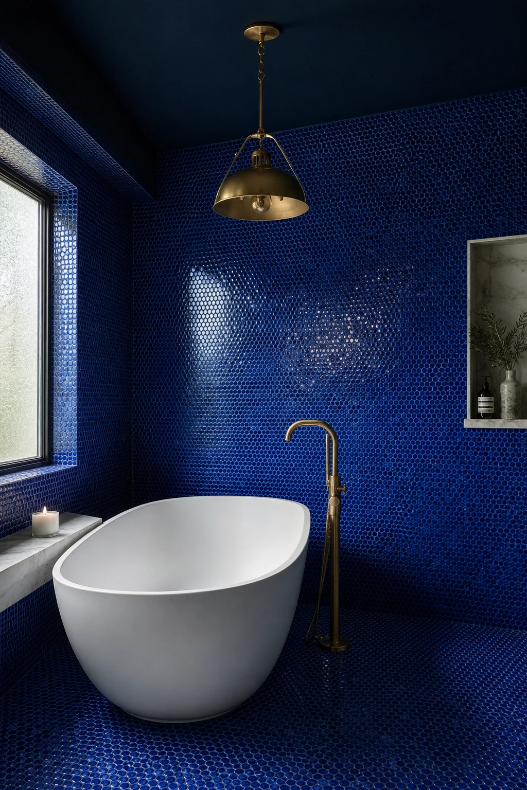 Bold cobalt blue mosaic tile bathroom with Farrow and Ball Pitch Blue walls, brass fixtures, white grout lines, and a freestanding tub bathed in morning sidelight
