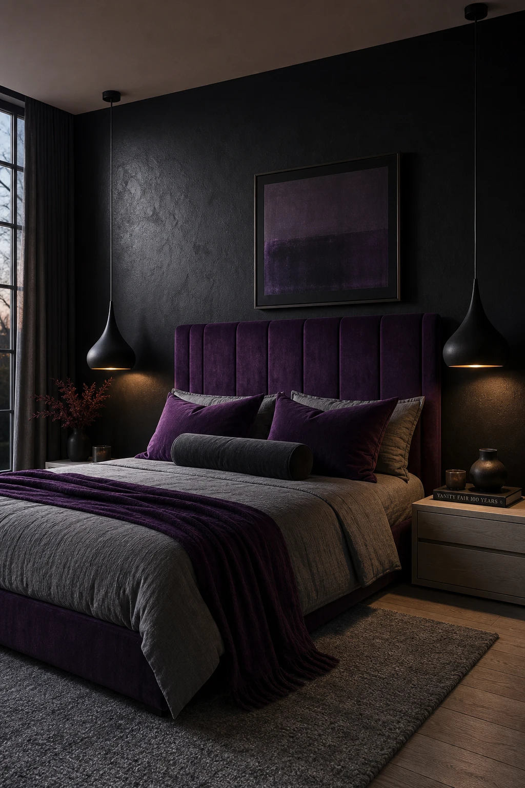 Bold purple and gray bedroom with black and purple contrast, Off Black accent wall, deep violet bedding, dramatic pendant lighting and warm evening light