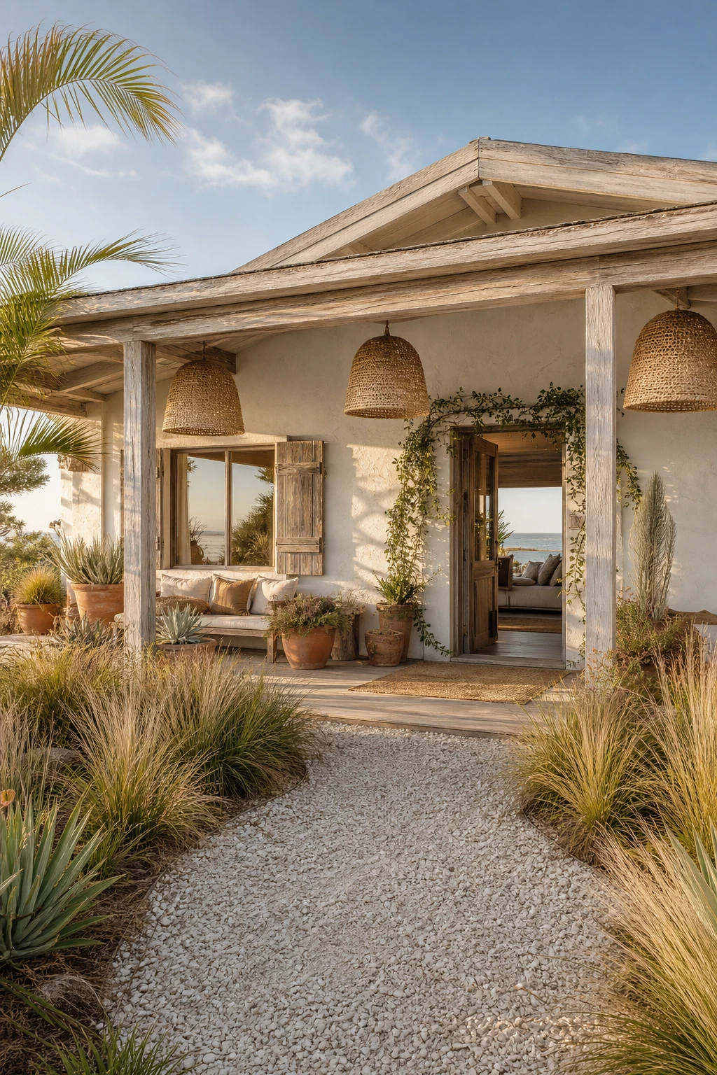Breezy beach boho bungalow exterior with warm sandy facade, rattan accents, driftwood trim, and relaxed coastal plantings under soft morning light
