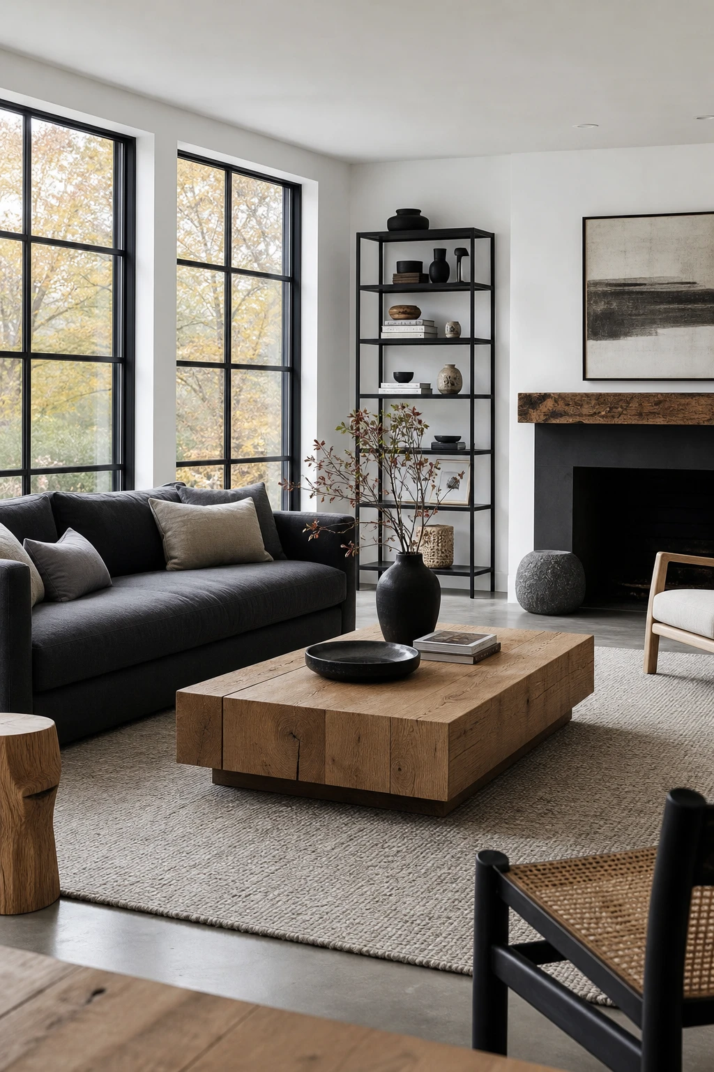 Bright open plan living room in black white gray and natural wood with Strong White walls bold contrast accents and warm timber details