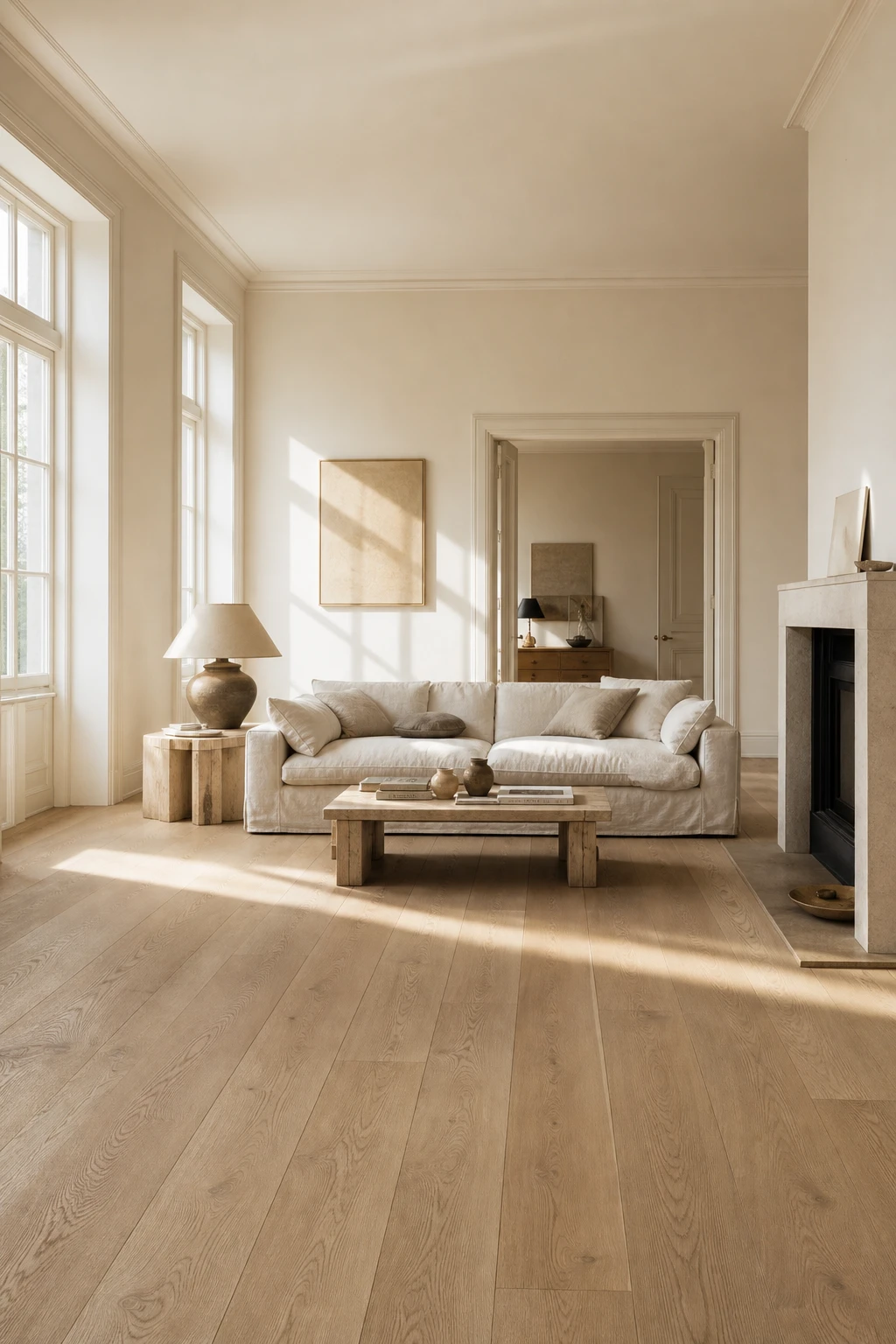 Bright white oak living room with wide plank floors as the hero, soft white walls, linen sofa, and warm afternoon light streaming through tall windows