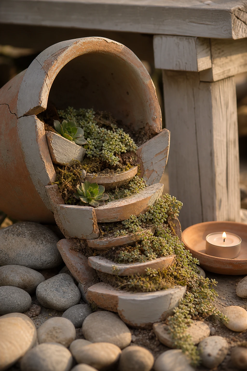 Broken terracotta pot staged as miniature garden scene with tiny succulents spilling out, set on weathered stone in warm afternoon light