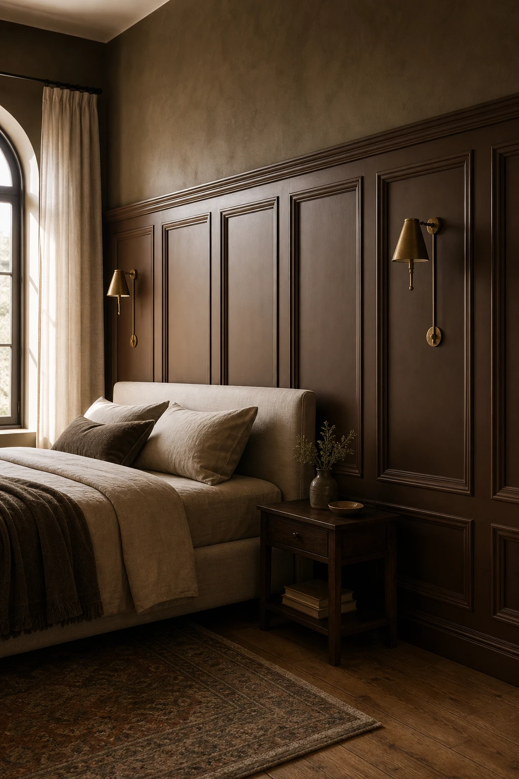 Brown accent wall bedroom featuring rich wainscoting panels painted in Farrow and Ball Wainscot with layered textures and warm natural light