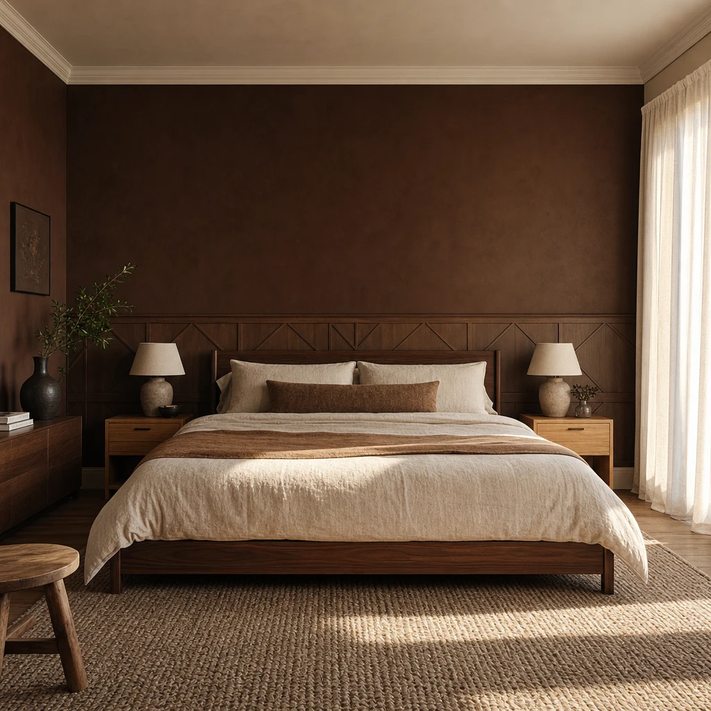 Brown accent wall bedroom with a deep chocolate painted feature wall, walnut bed frame, white trim, geometric wood panelling, oak nightstands, and warm mid morning light across textured plaster.