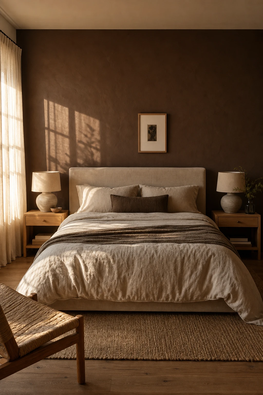 Brown accent wall bedroom with a deep brown feature wall behind a linen upholstered bed, warm evening light, natural wood and textured plaster details