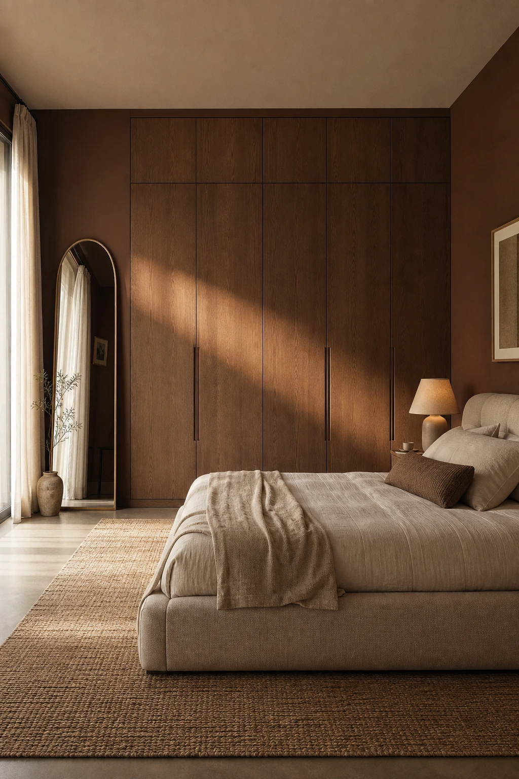 Brown accent wall bedroom with a large brown wardrobe as the hero blending into the wall creating a seamless built in look with warm natural light