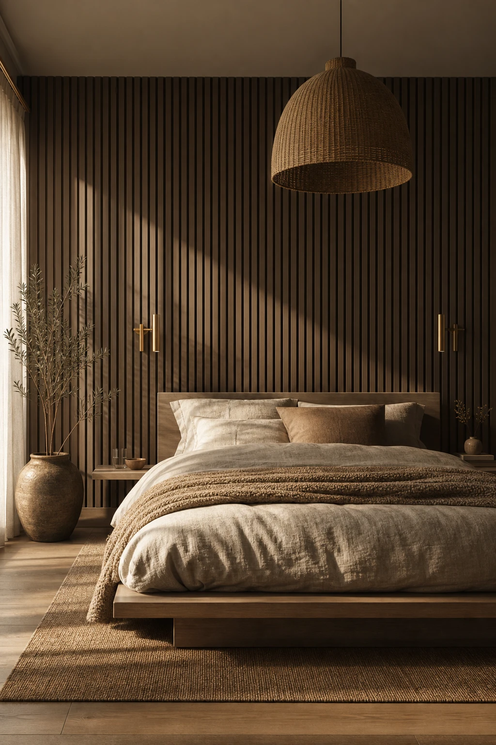 Brown accent wall bedroom with a vertical slat wall behind the bed painted Farrow & Ball Pantalon, warm natural light, linen bedding, rattan pendant