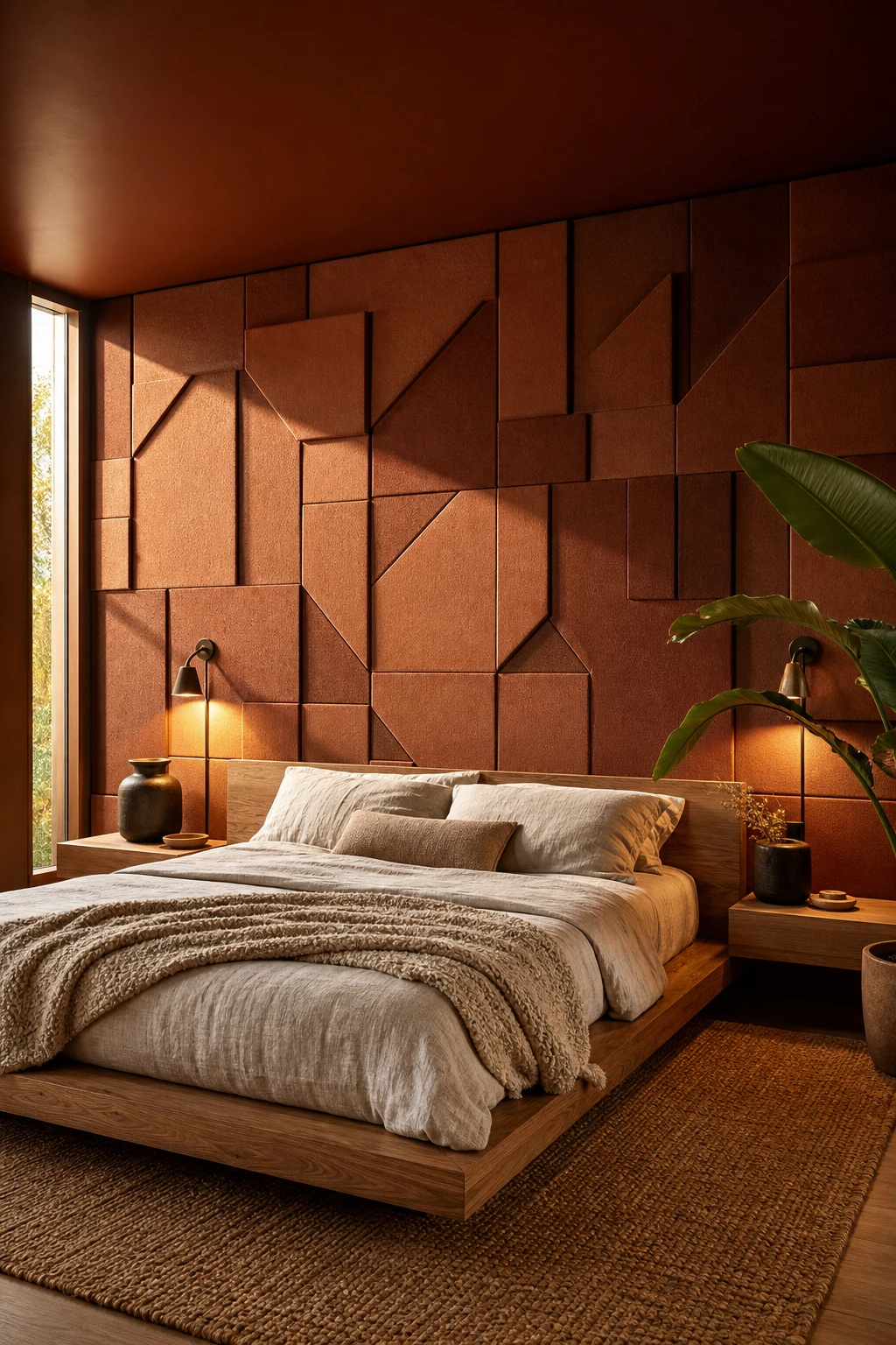 Brown accent wall bedroom with acoustic panels as hero feature, geometric fabric tiles in warm brown tones creating a textural art installation above a low platform bed