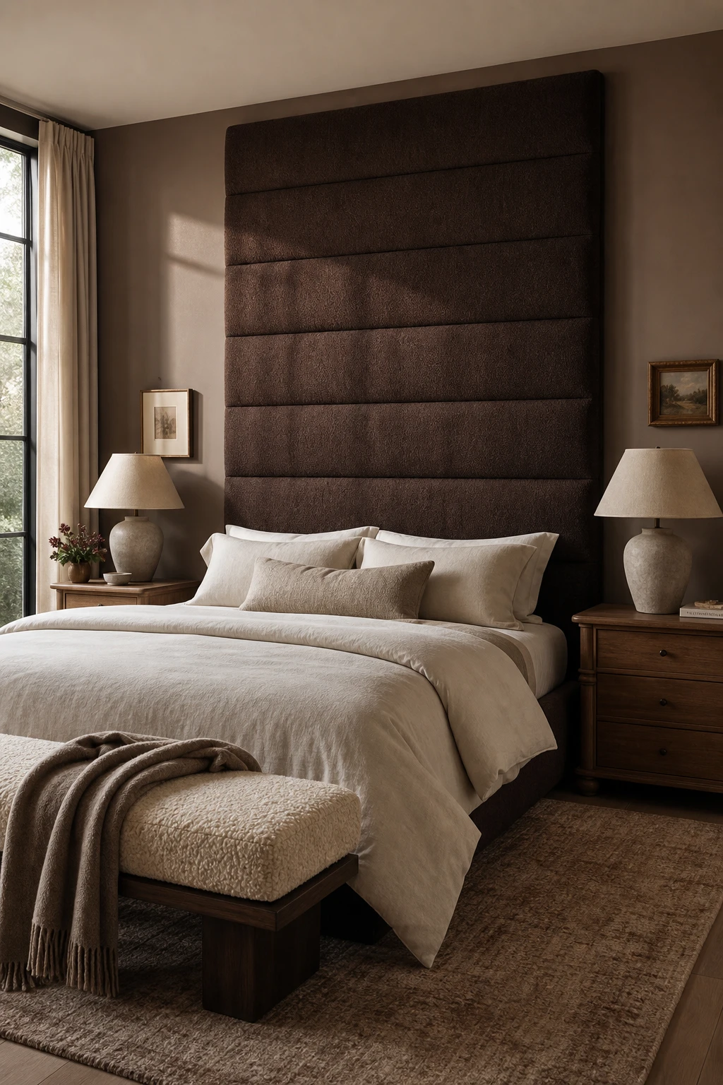 Brown accent wall bedroom with an oversized brown headboard as the focal point, styled with linen bedding, warm wood nightstands, and soft ambient lighting