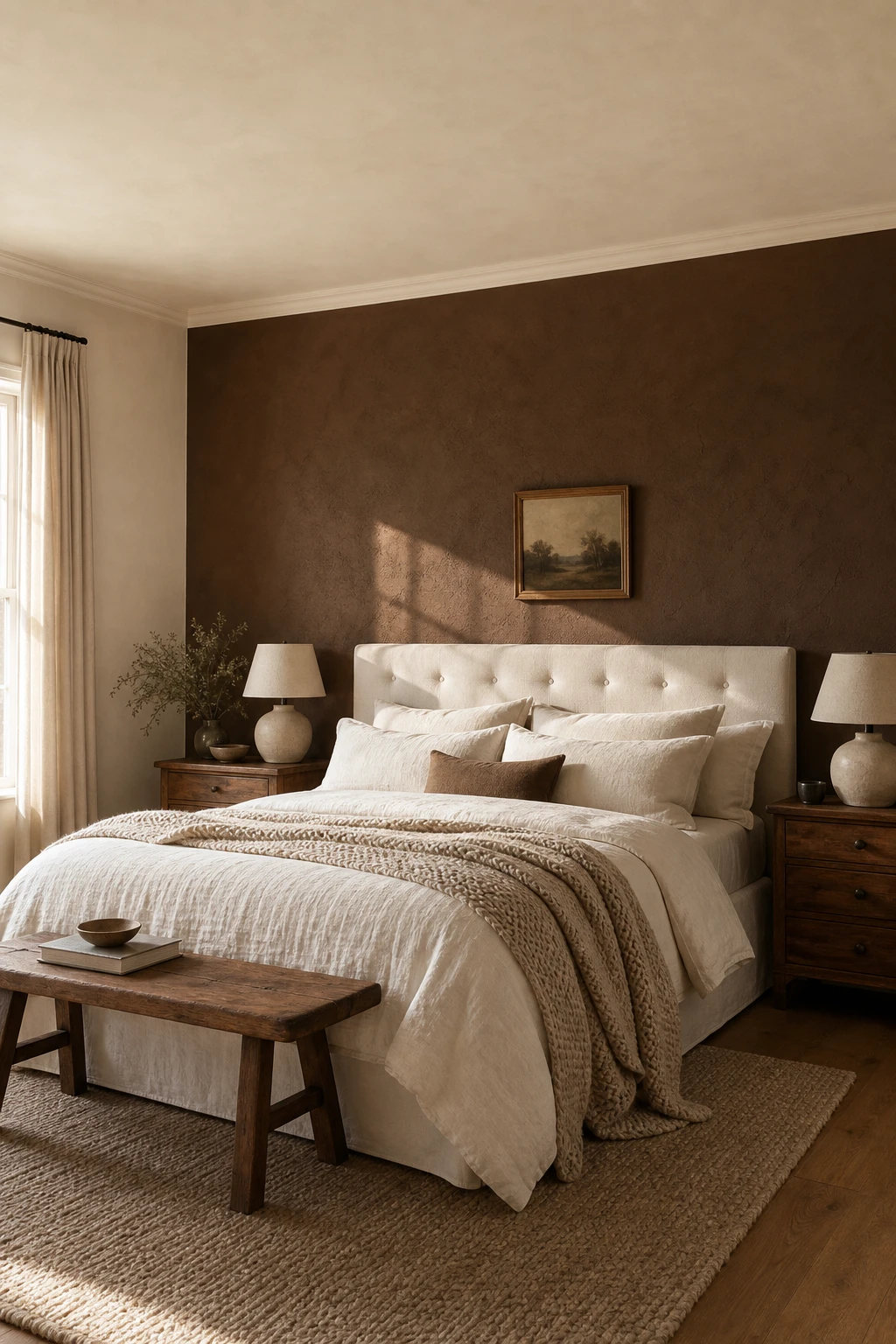 Brown accent wall bedroom with brown and cream pairing, warm linen bedding, cream upholstered headboard, and Farrow and Ball Clunch trim in soft natural light