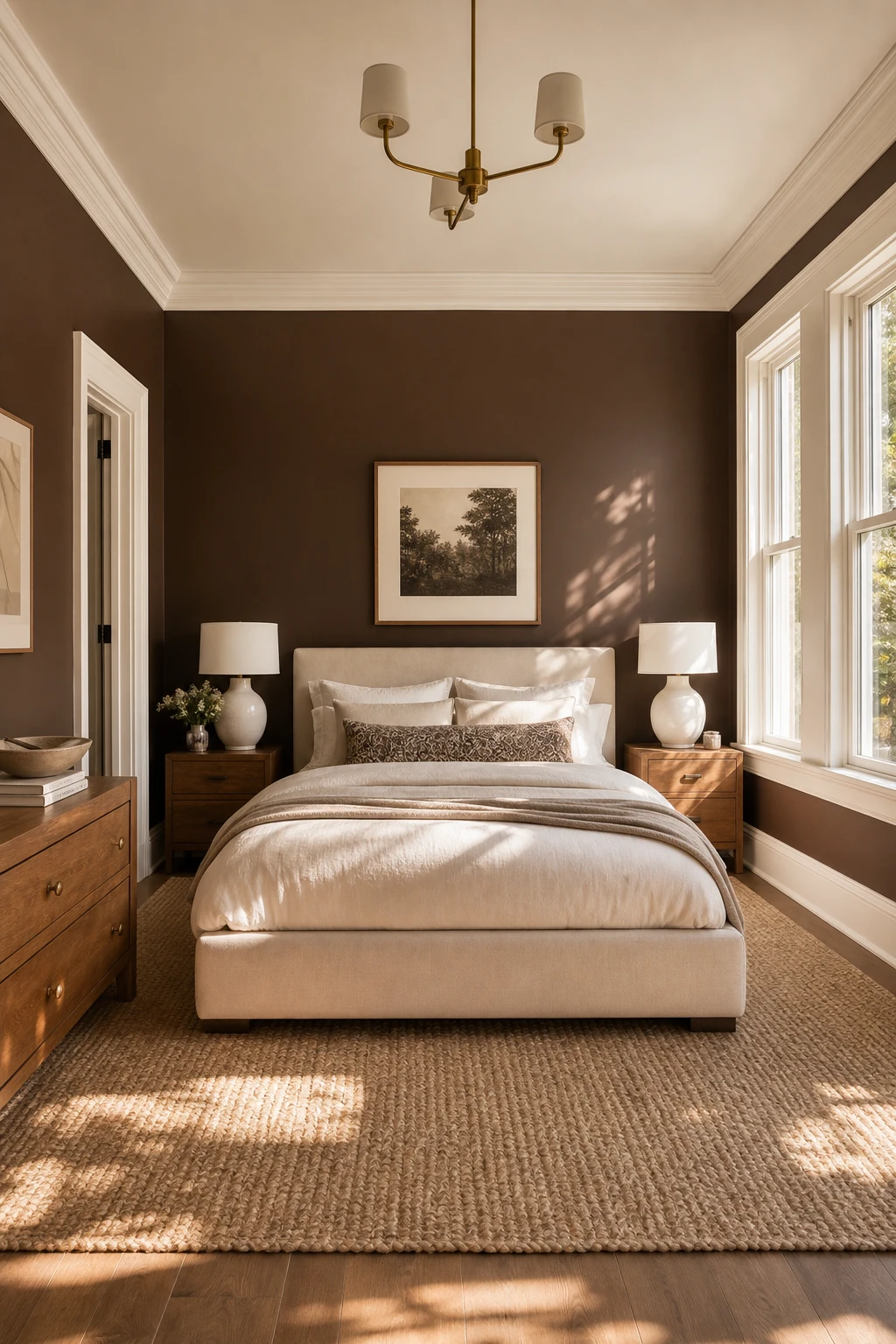 Brown accent wall bedroom with crisp white trim framing windows and baseboards, warm afternoon light, Farrow and Ball Wimborne White painted woodwork