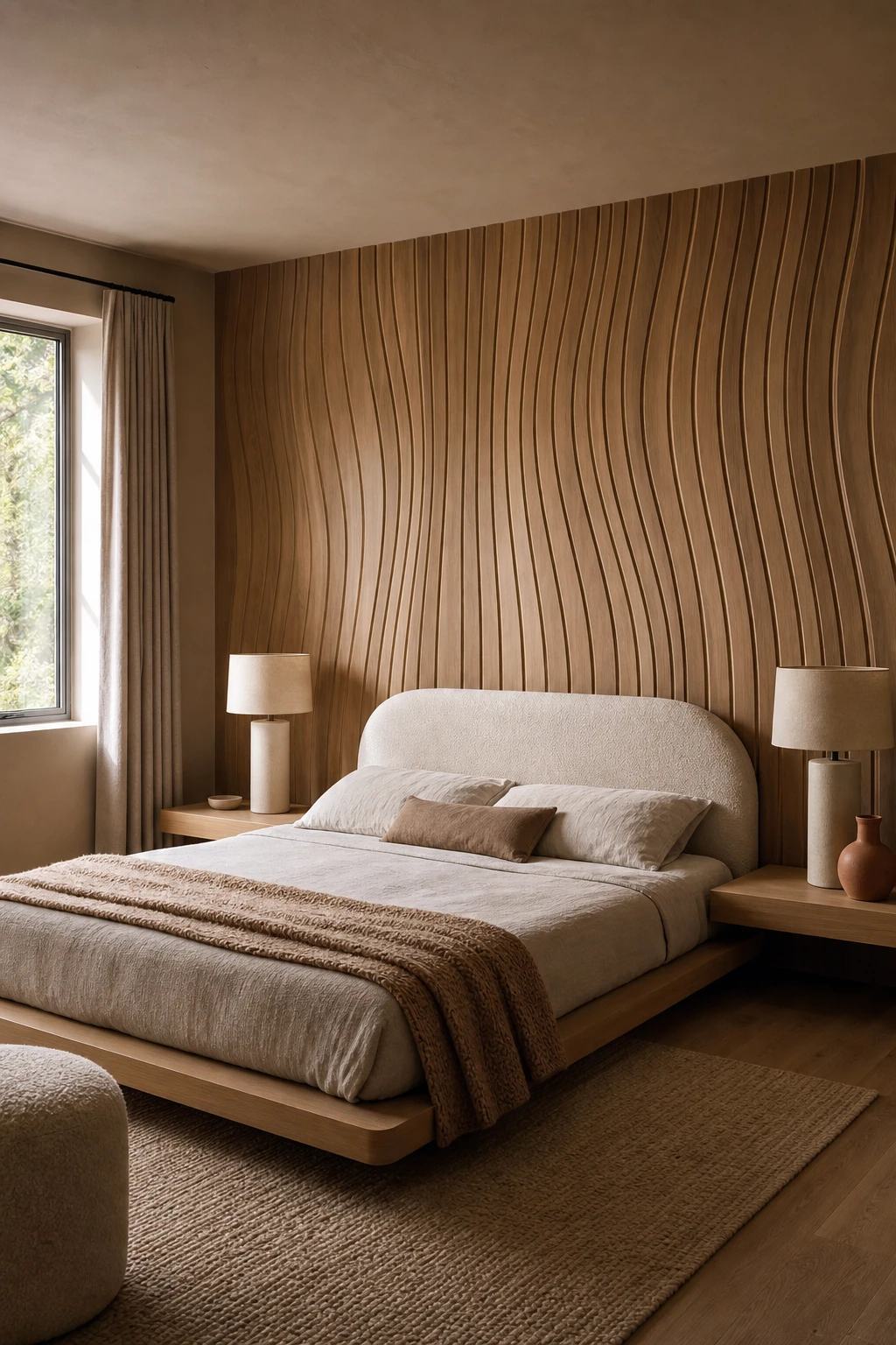 Brown accent wall bedroom with curvy wood panelling as the hero, soft sculptural arched forms in warm earth tones, Farrow and Ball Duster paint, natural morning light