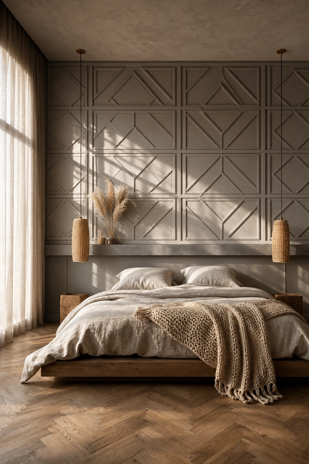 Brown accent wall bedroom with geometric wood panelling painted in Farrow and Ball London Stone creating a sculptural statement wall behind a linen bed