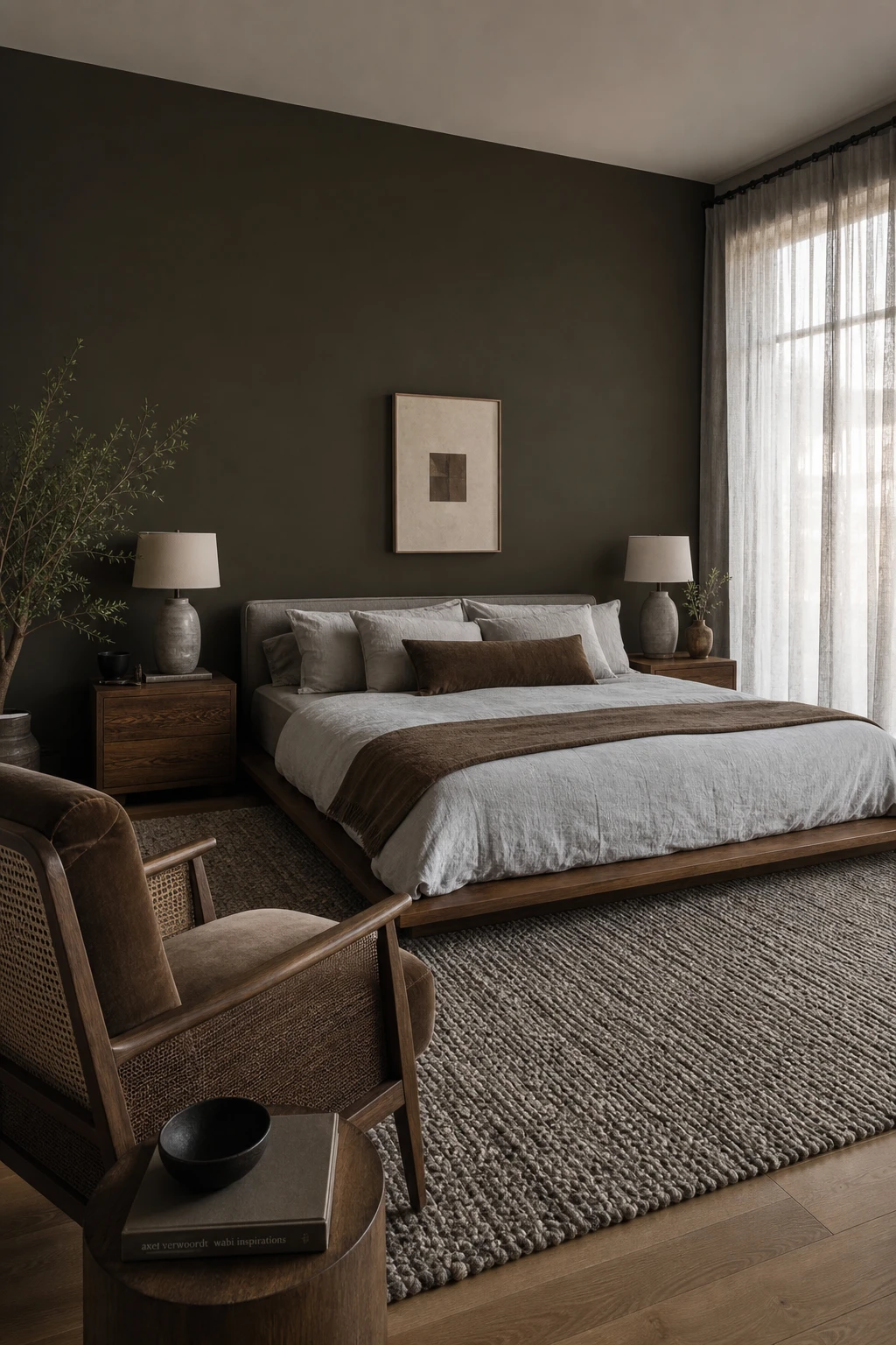 Brown accent wall bedroom with gray and brown as hero pairing, featuring Farrow and Ball Broccoli Brown on the feature wall, soft gray bedding, and warm natural light