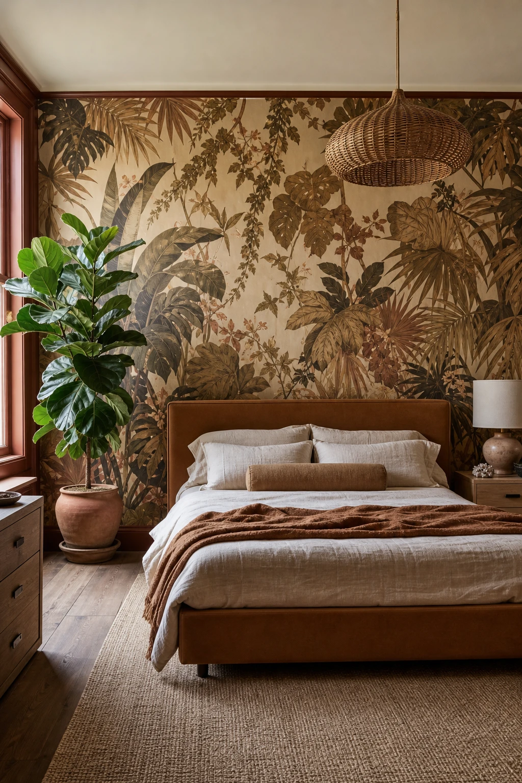 Brown accent wall bedroom with lush botanical wallpaper in earthy tones, paired with warm wood furniture, cream bedding, and Farrow & Ball Fox Red trim
