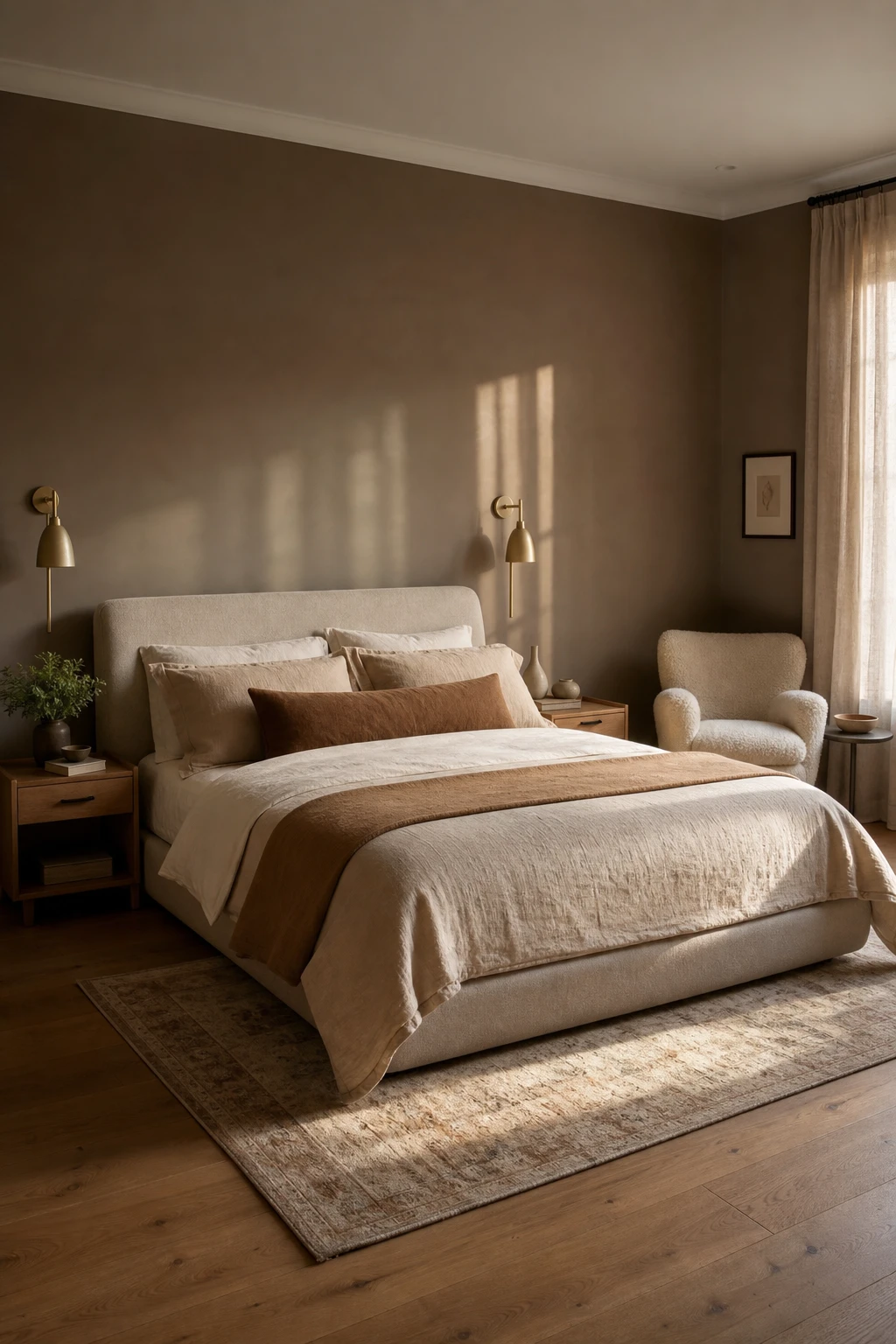 Brown accent wall bedroom with mocha tone as the hero, featuring Farrow and Ball London Clay paint, linen bedding, warm timber floors, and soft ambient lighting