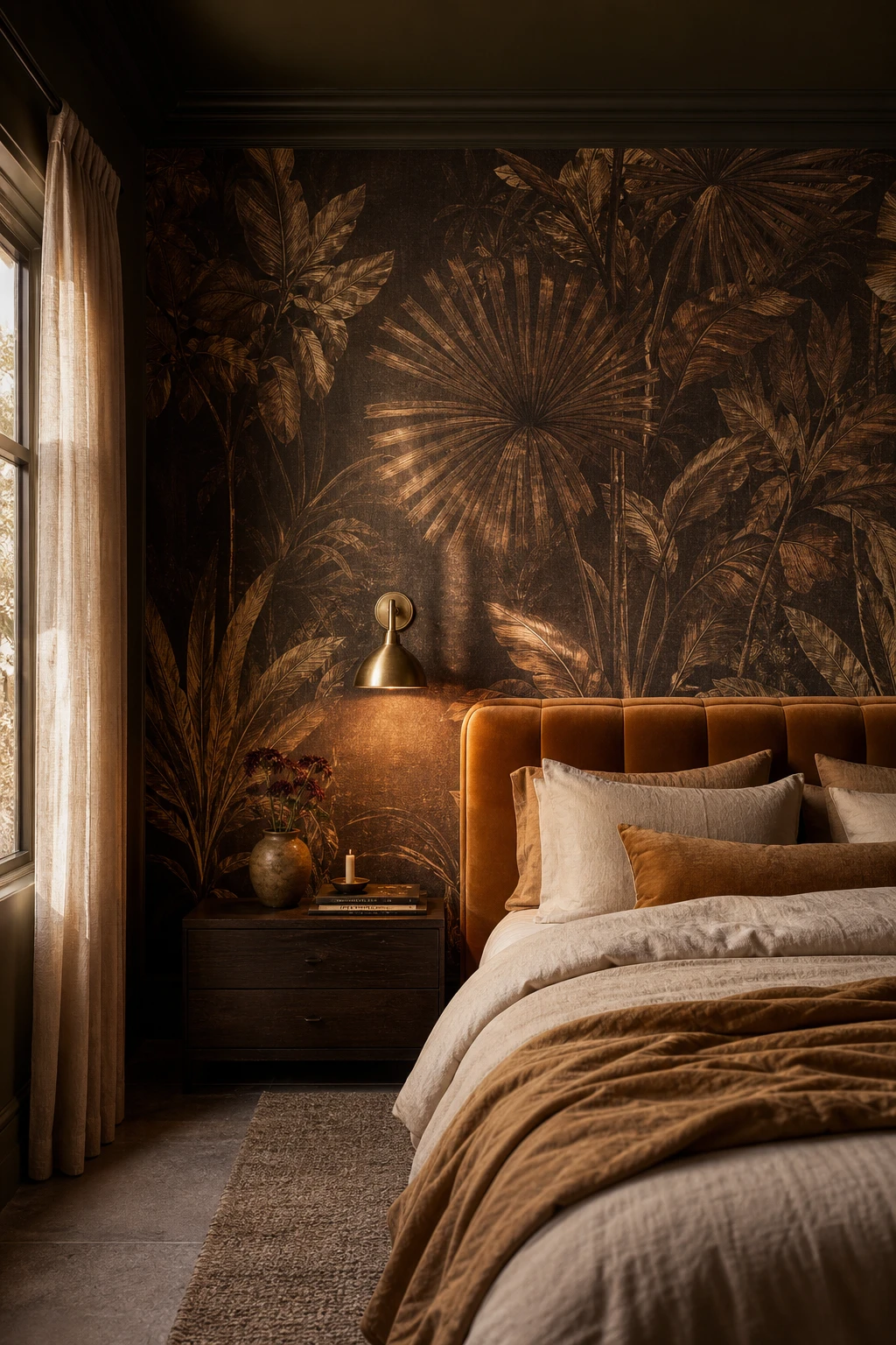 Brown accent wall bedroom with moody botanical wallpaper in deep brown tones, paired with linen bedding, brass sconces, and dark timber furniture