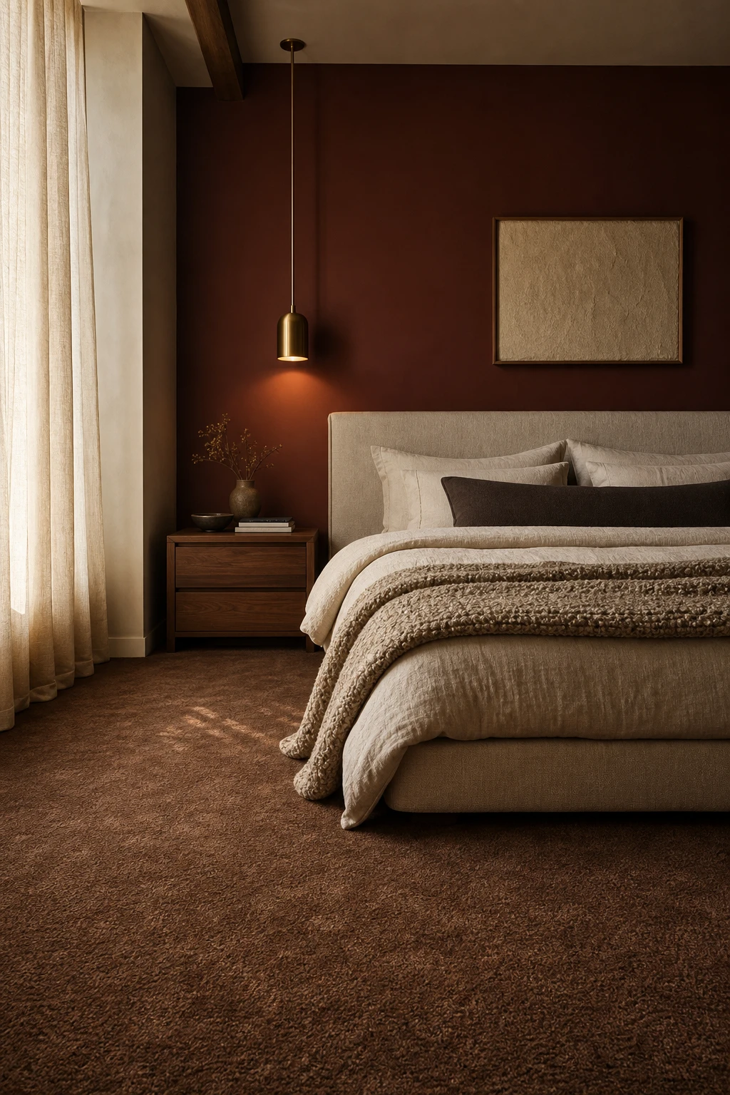 Brown accent wall bedroom with plush brown carpet as the hero, warm earth tone walls, soft bedding, and natural light creating a fully considered cozy retreat