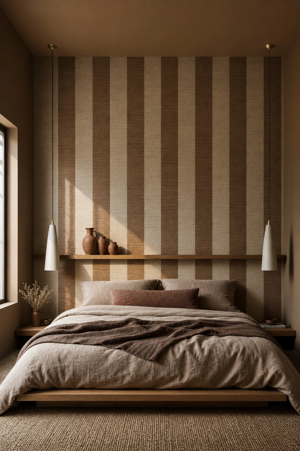 Brown accent wall bedroom with vertical striped wallpaper hero, low platform bed, linen bedding, pendant lights, and warm earth tone palette creating height illusion