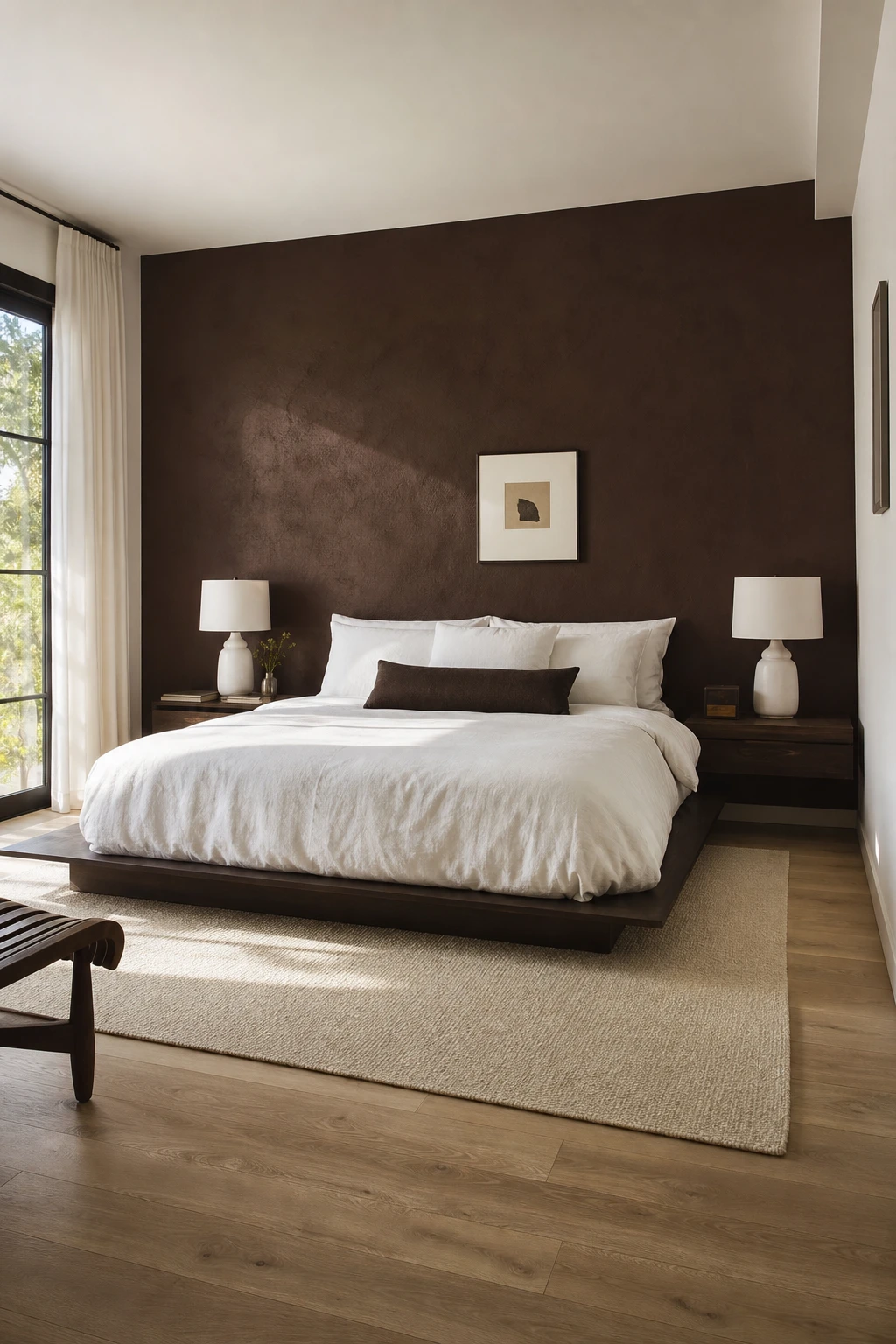 Brown accent wall bedroom with white and dark brown high contrast pairing, Farrow and Ball Mahogany painted feature wall behind a low platform bed