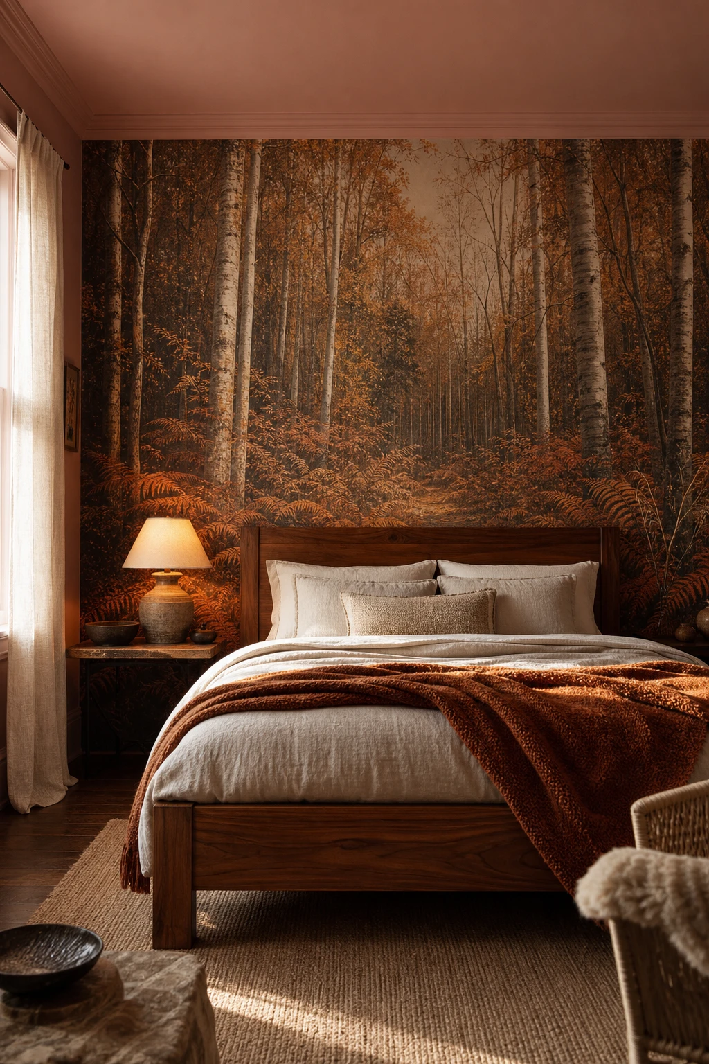 Brown accent wall bedroom with woodland wallpaper feature wall showing autumn forest scene, warm timber bed frame, linen bedding, and Folly Pink painted ceiling