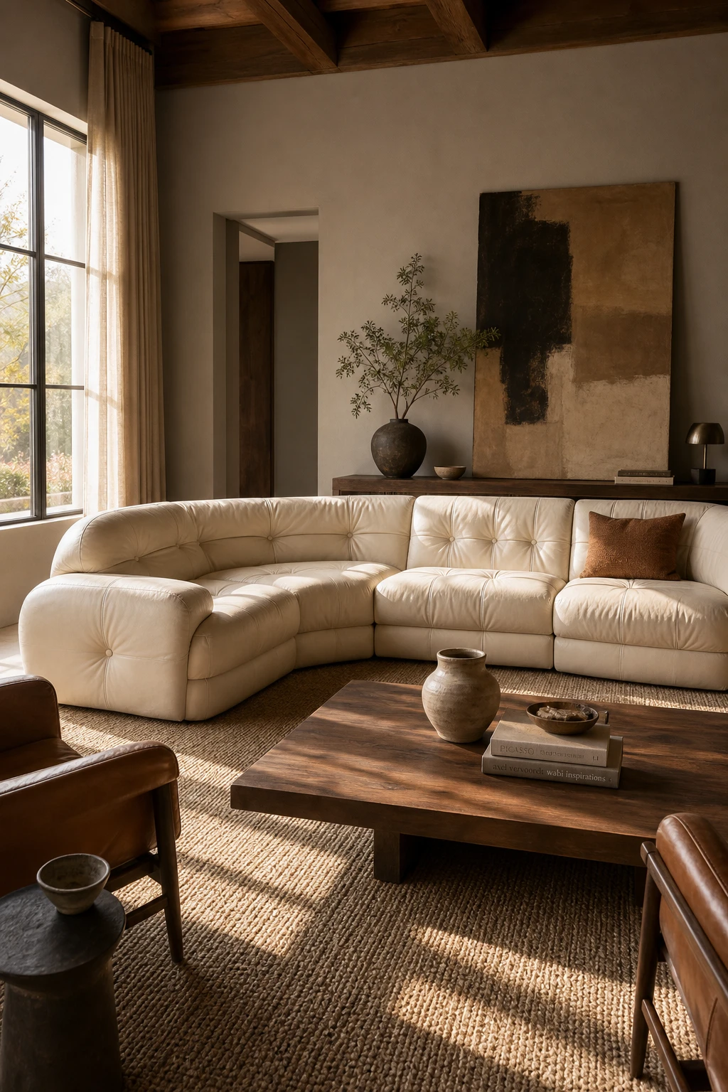Brown and cream living room anchored by a cream leather sectional sofa with walnut coffee table, woven rug, and Farrow and Ball London Stone walls