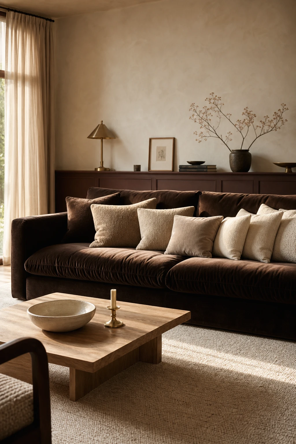 Brown and cream living room anchored by a deep brown sofa with layered cream textiles, warm wood coffee table, and Farrow and Ball Mahogany painted wall panel behind