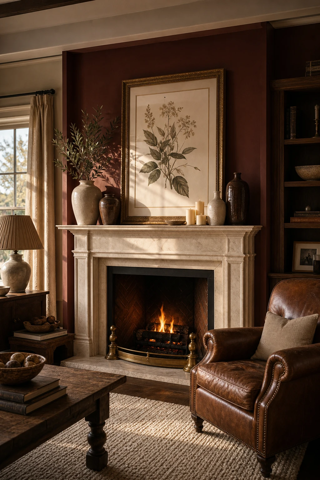 Brown and cream living room fireplace styled with curated mantel vignette, deep red alcove walls, cream surround, warm candlelight and layered earthy accessories