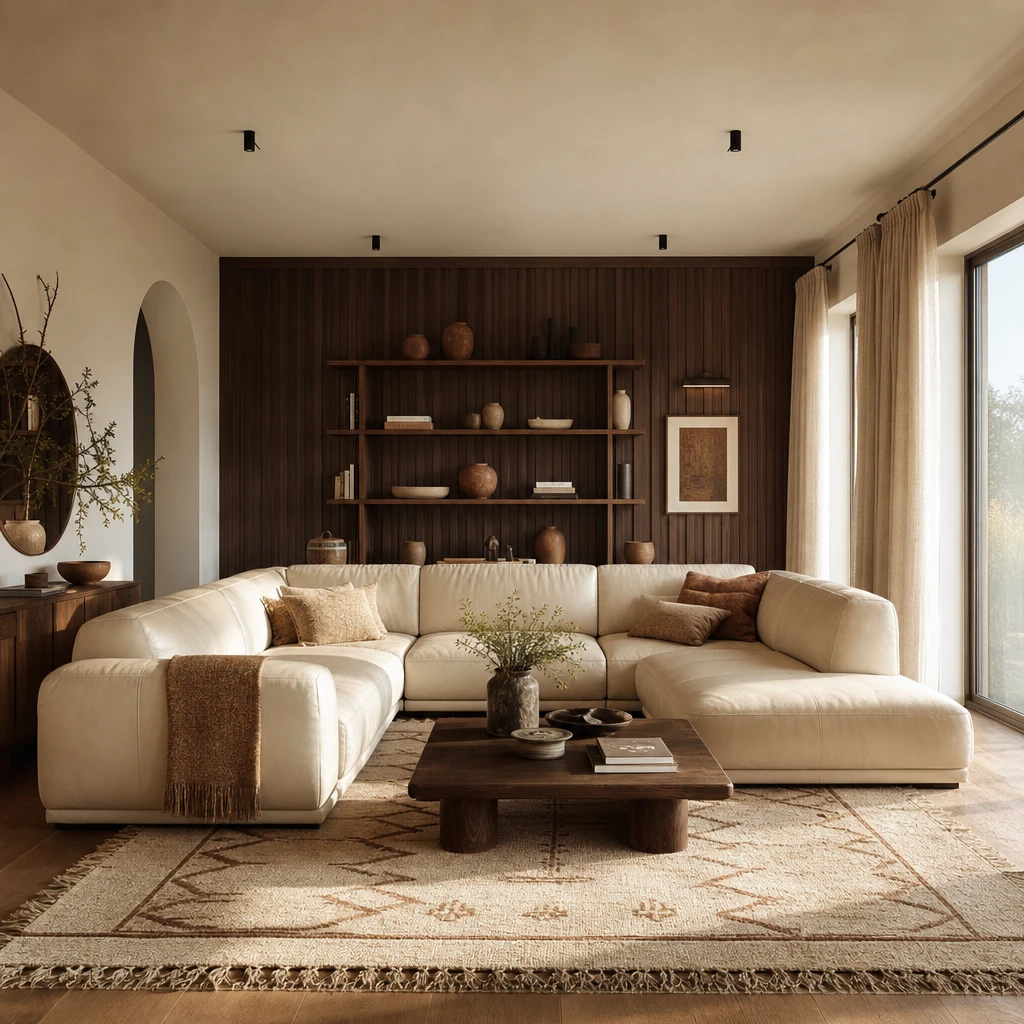 Brown and cream living room with a cream leather sectional, chocolate brown panelled accent wall, oiled walnut shelving, Moroccan wool rug, and raw ceramic vessels in warm late morning light.