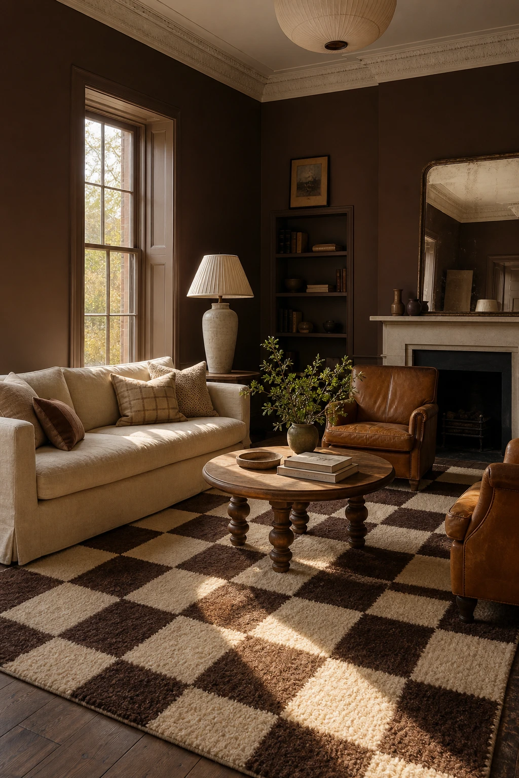 Brown and cream living room with a bold checkered rug as the focal point, warm walls in Farrow and Ball Pantalon brown and cream upholstered seating