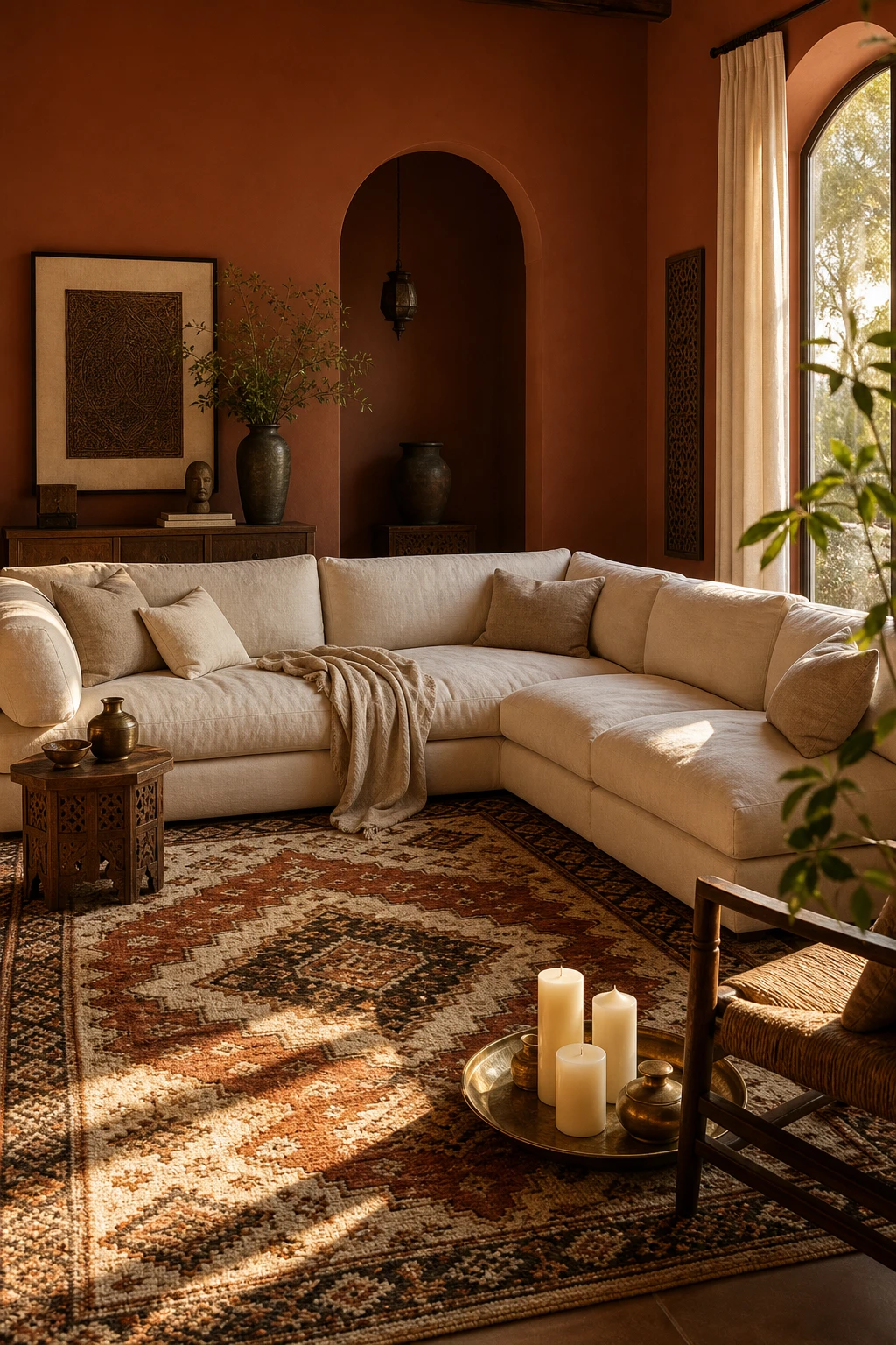 Brown and cream living room with a bold Moroccan rug as the hero, warm terracotta walls, cream sofa, and natural light from a side window