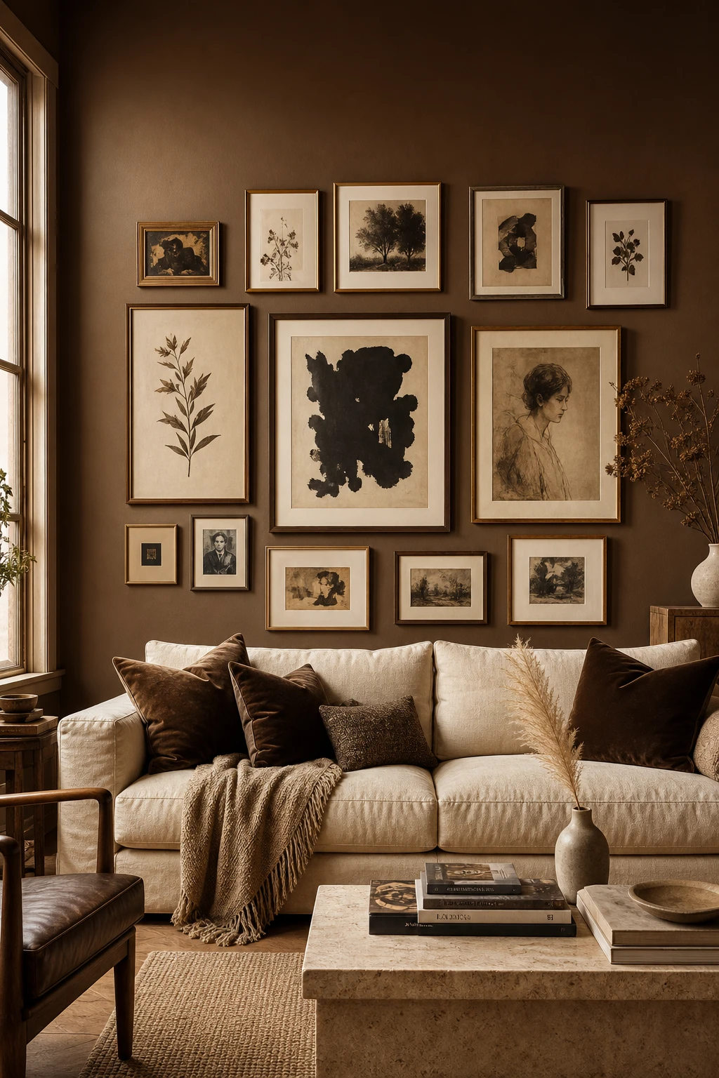 Brown and cream living room with a curated gallery wall of framed art on Farrow and Ball Tanners Brown painted wall above a cream linen sofa