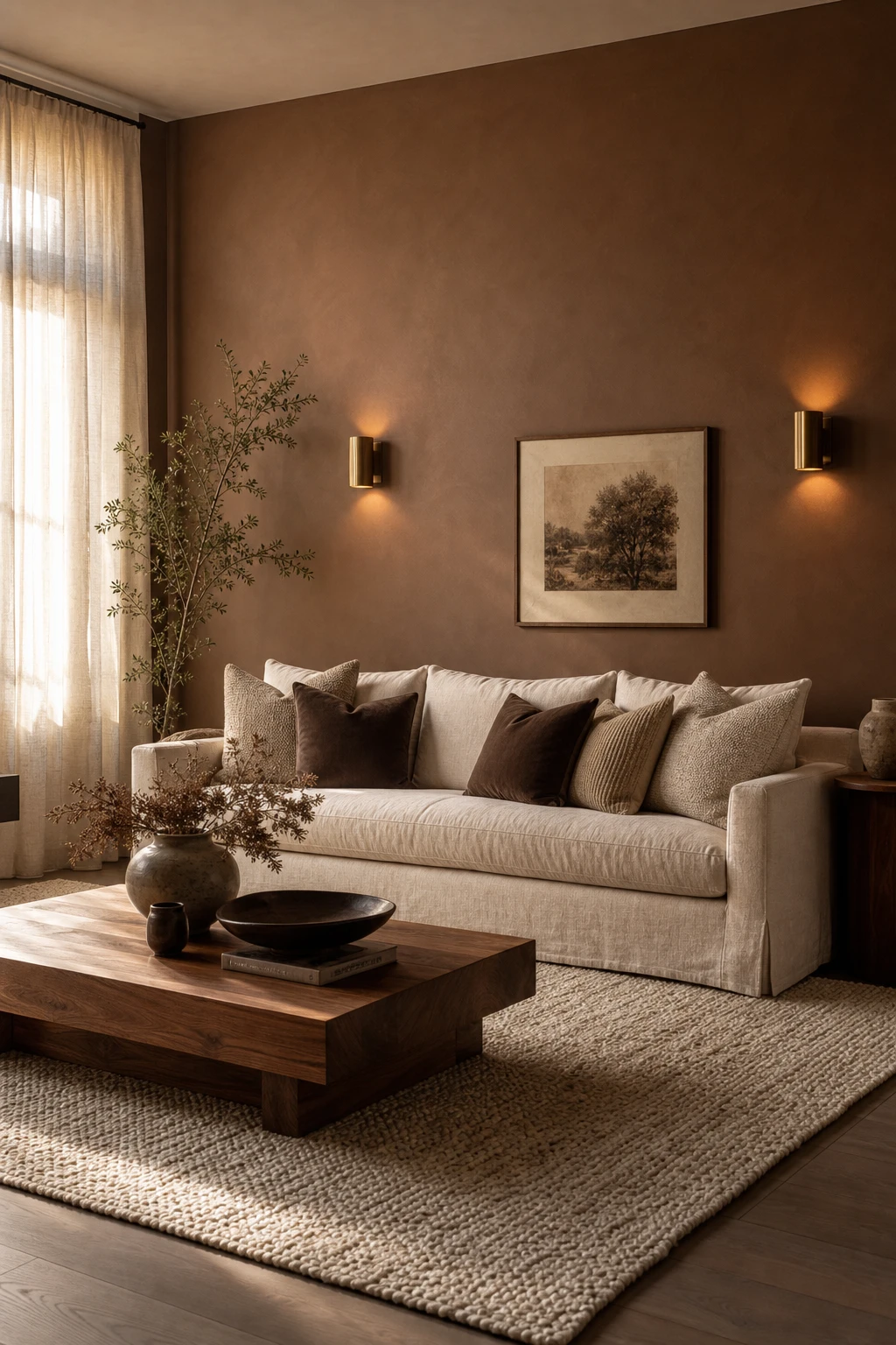 Brown and cream living room with a deep brown accent wall behind a cream sofa, layered with warm textiles, natural wood and soft afternoon light