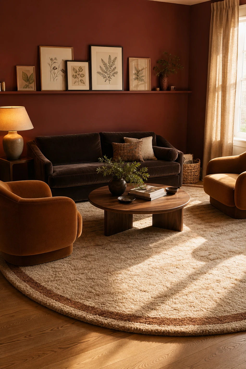 Brown and cream living room with a large round rug anchoring a sofa and armchairs cluster, warm afternoon light, Farrow and Ball Singed Red accent wall