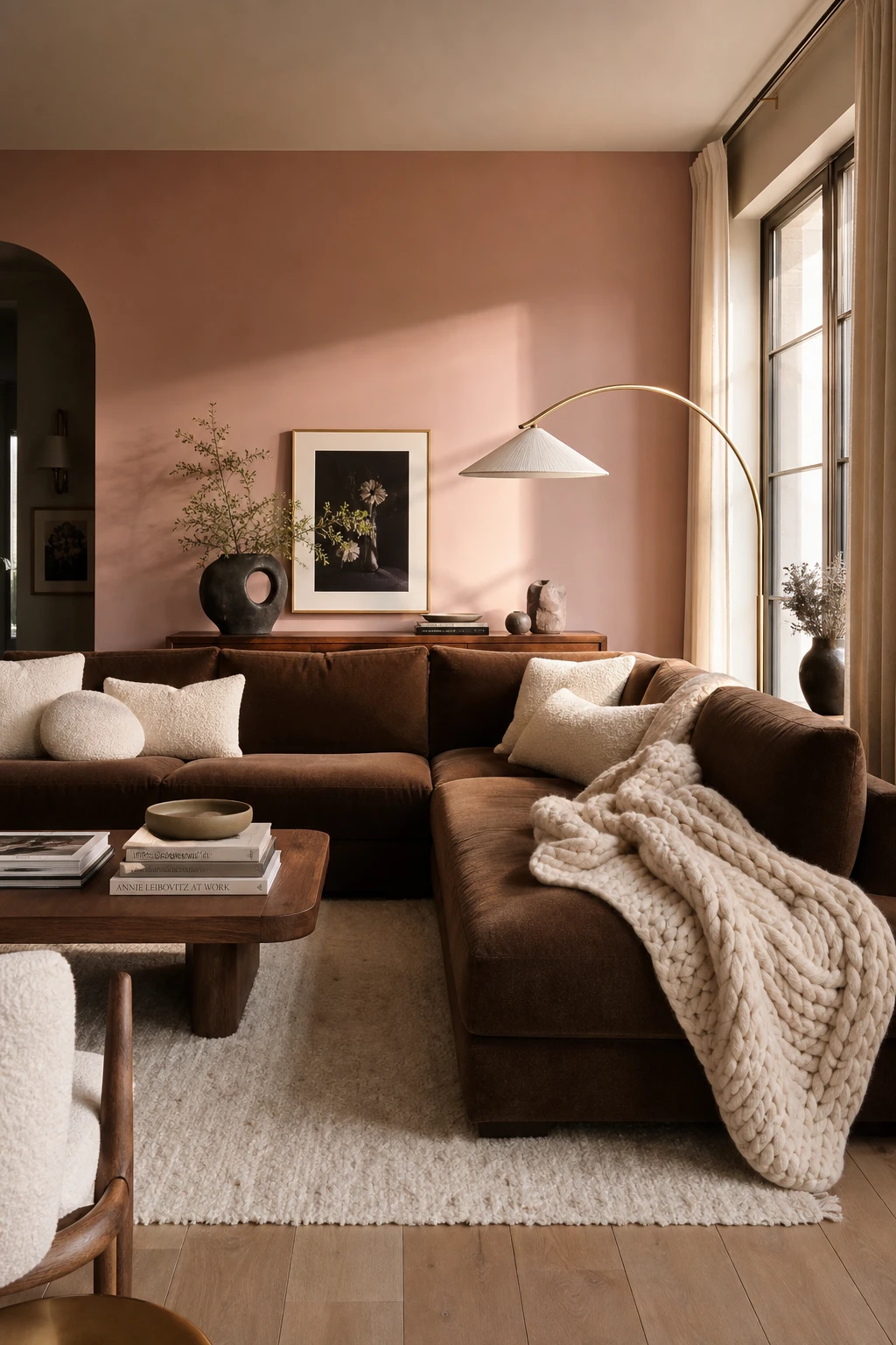 Brown and cream living room with an L shape sectional sofa defining the seating zone, warm earth tone walls, layered rugs, and soft natural light