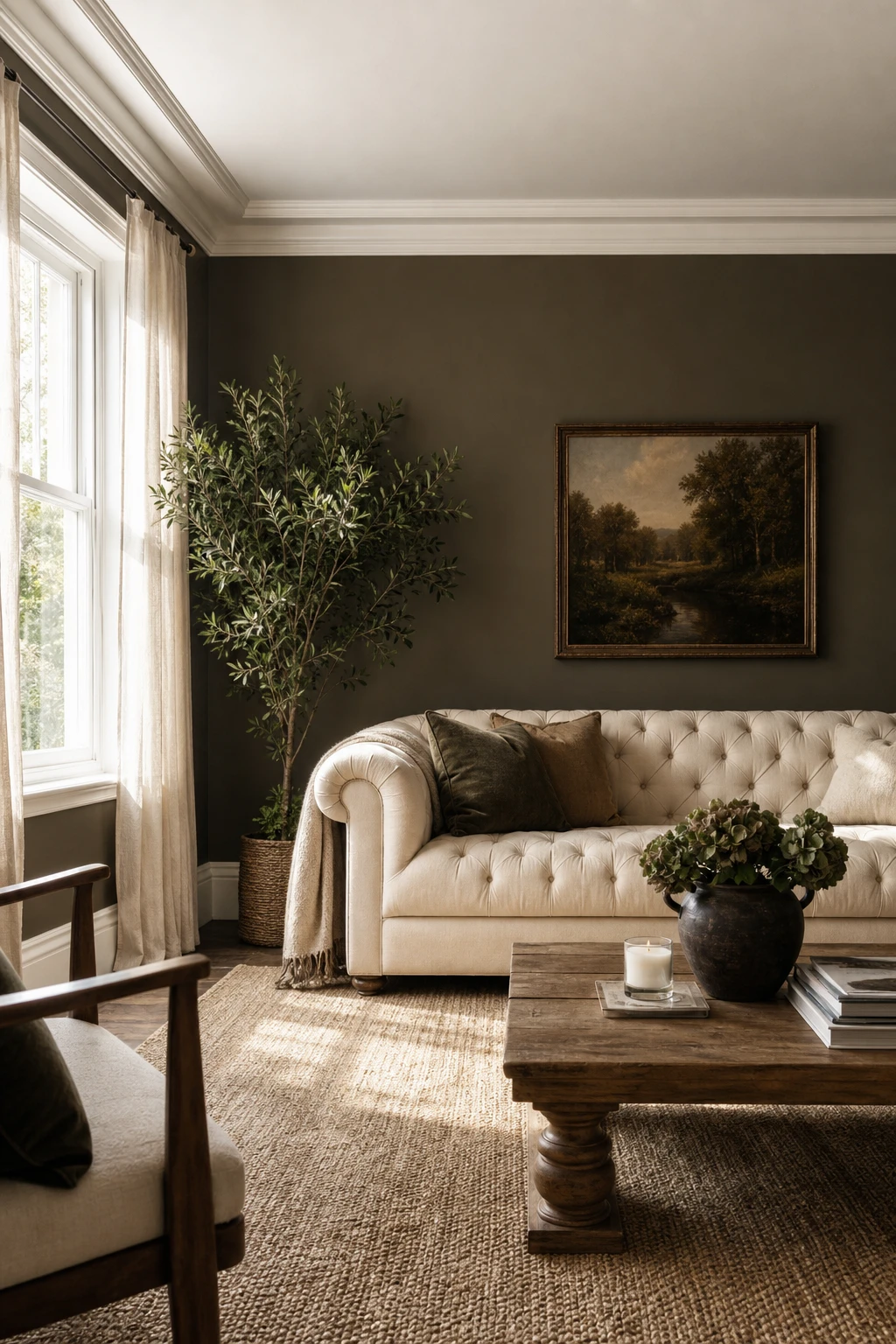 Brown and cream living room with crisp white trim framing warm walls, featuring a tufted sofa, woven rug, wooden coffee table and soft natural light
