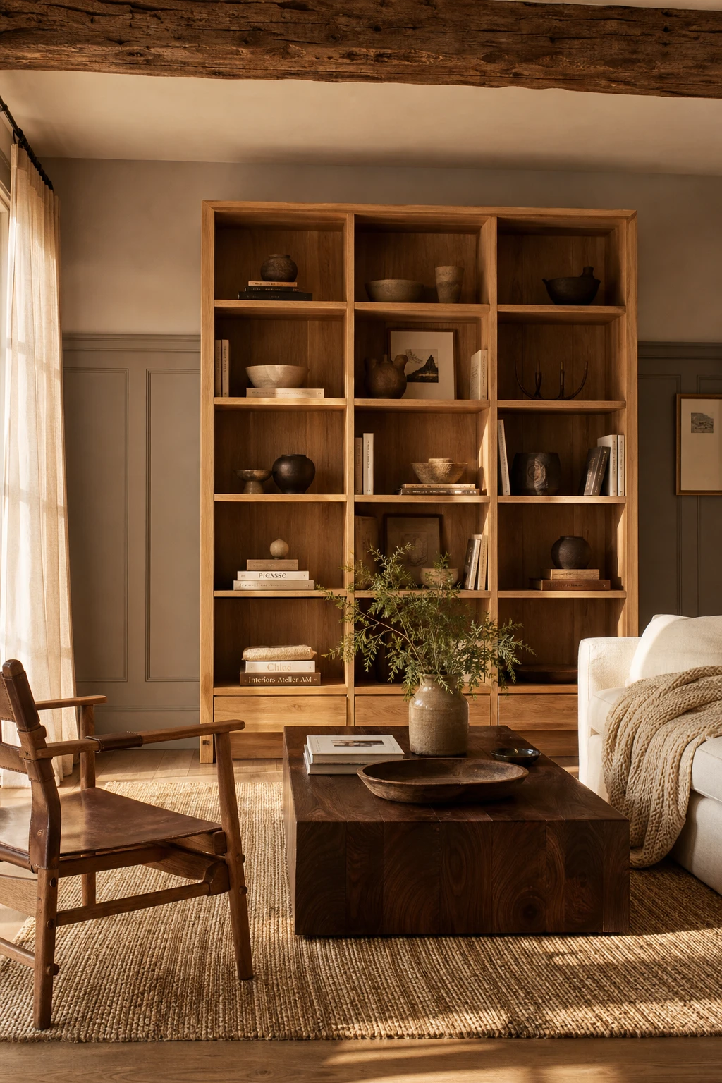 Brown and cream living room with natural wood as hero, warm oak shelving and walnut coffee table against Farrow and Ball Wainscot walls, soft cream sofa