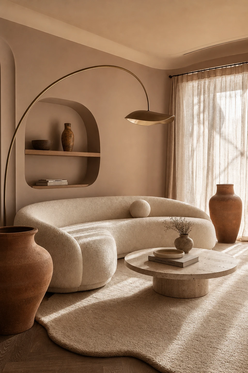 Brown and cream living room with organic shaped furniture, curved sofa, sculptural vases, round coffee table, and Farrow and Ball Duster paint on walls
