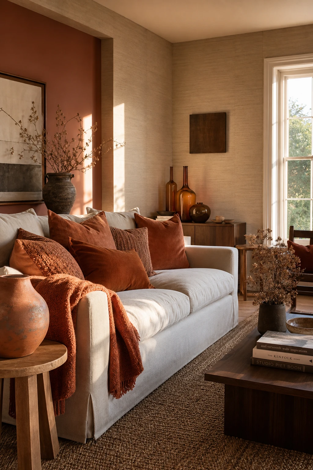 Brown and cream living room with rust accent cushions, terracotta vase and woven throw on a cream sofa, Farrow and Ball Faded Terracotta painted wall niche