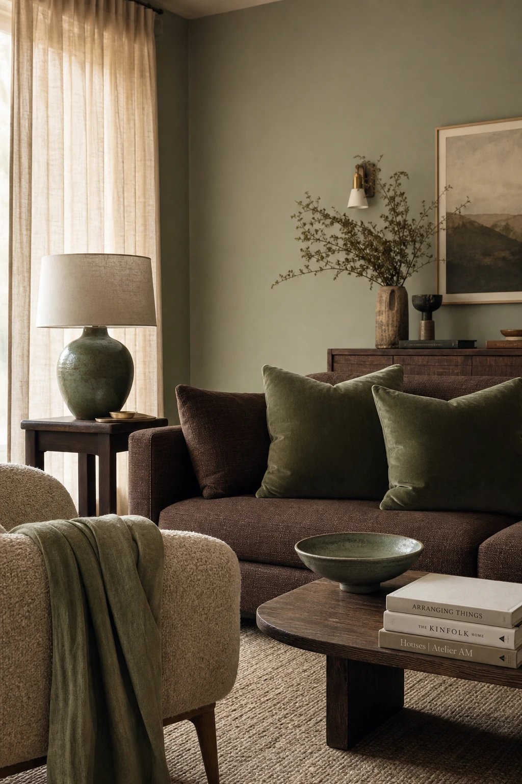 Brown and cream living room with sage green accents including velvet cushions, a ceramic lamp, and woven throw, walls in Farrow and Ball Mizzle paint