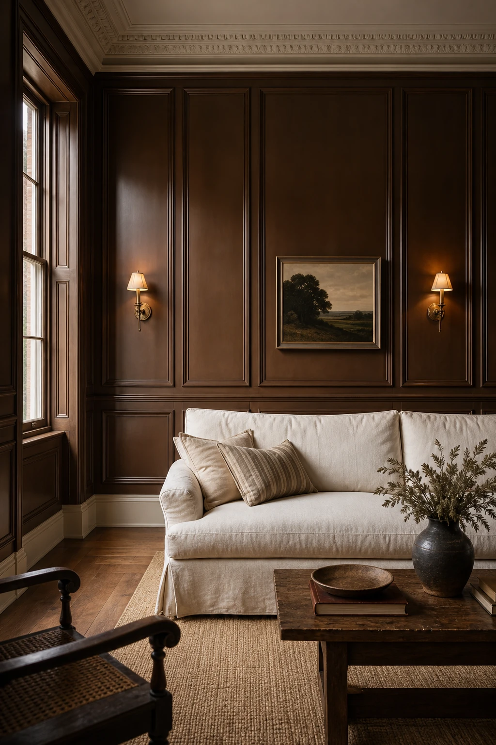 Brown and cream living room with wall panelling painted Farrow and Ball Tack Room Door, tall skirting boards, linen sofa and brass wall sconces in warm afternoon light
