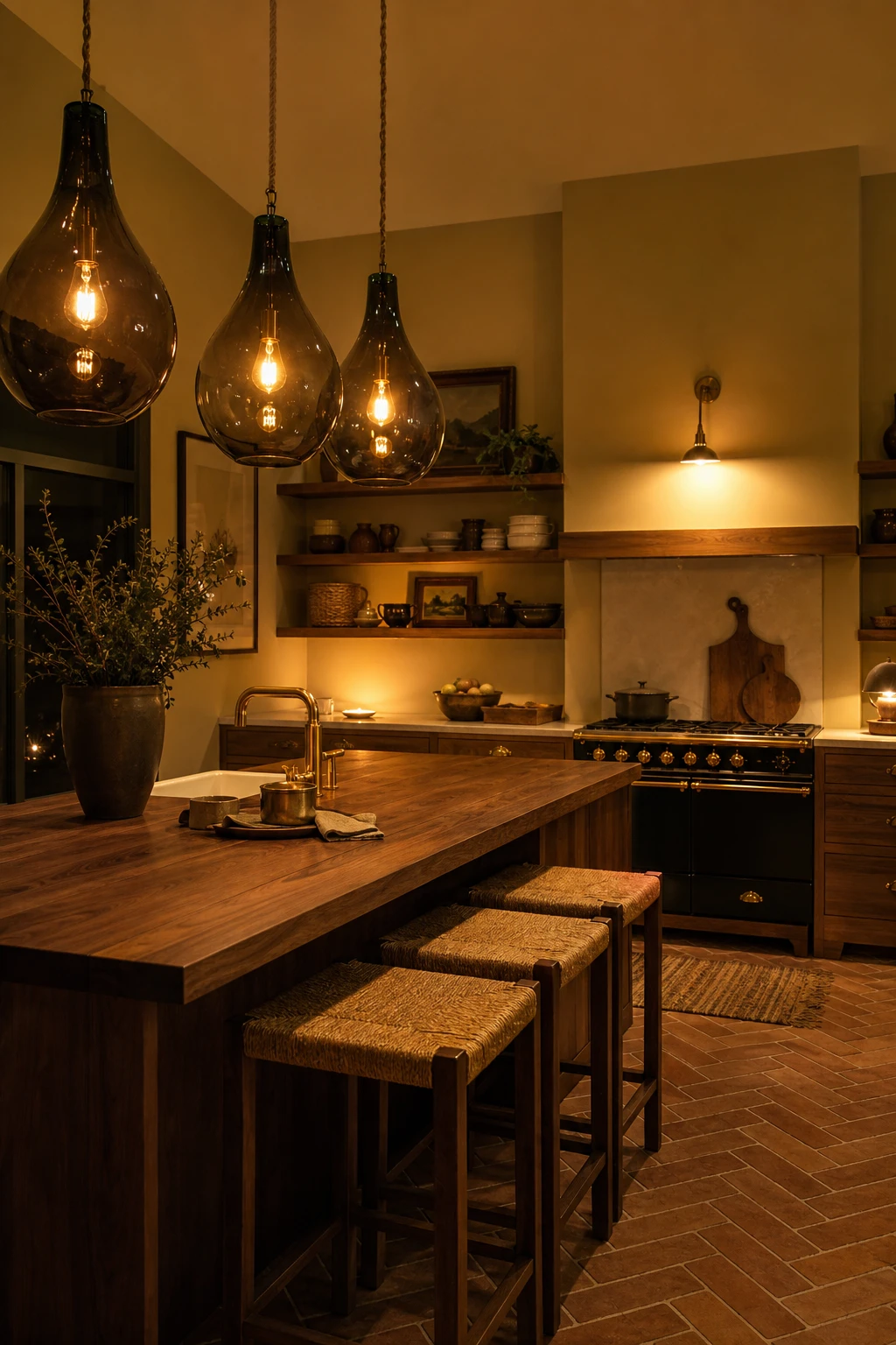 Brown and gold kitchen at night with warm amber pendant lights glowing over an island, Farrow and Ball Hound Lemon walls and rich timber cabinetry